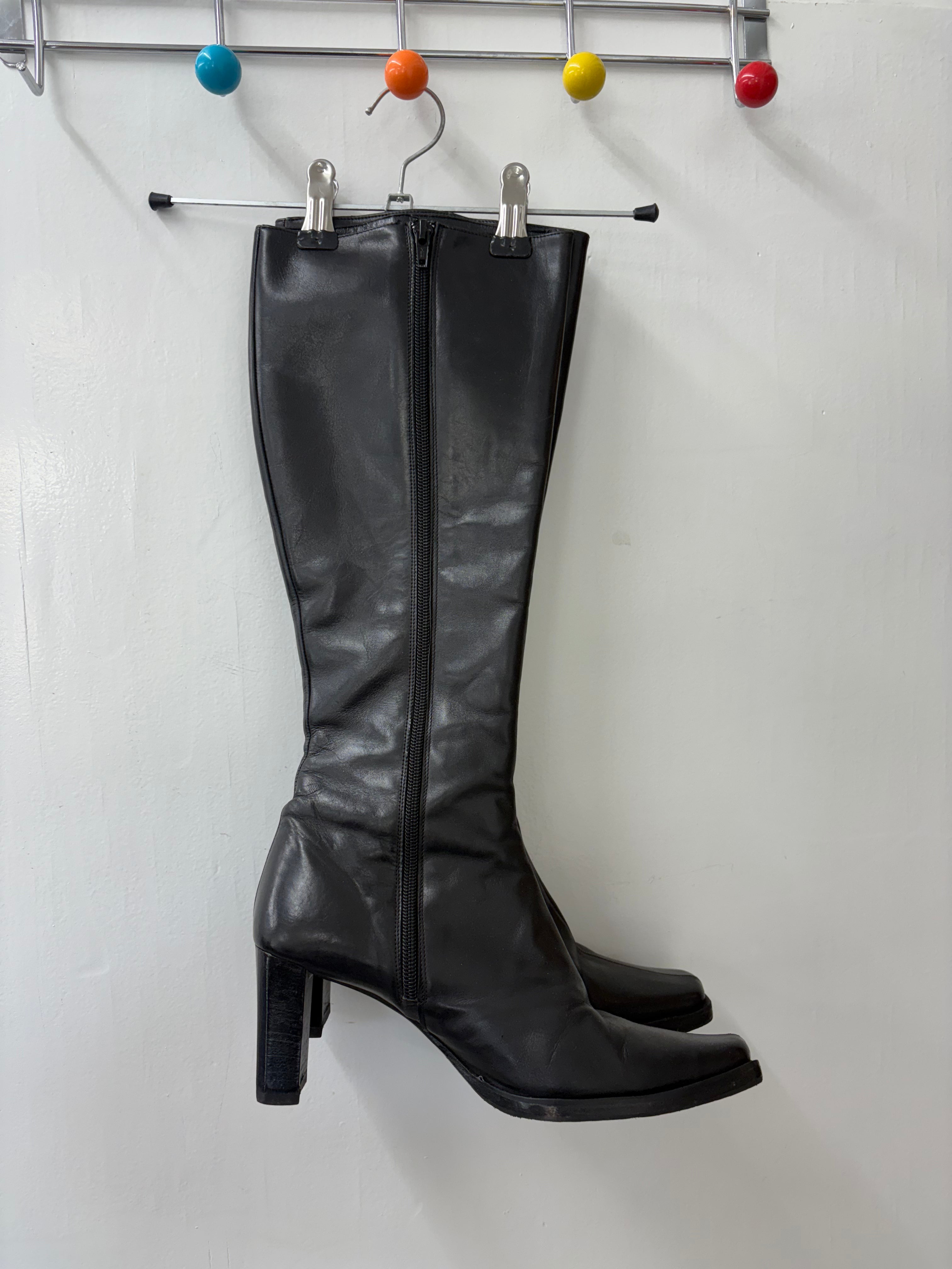 Black Leather Square Toe Knee-High Block Heel Boots