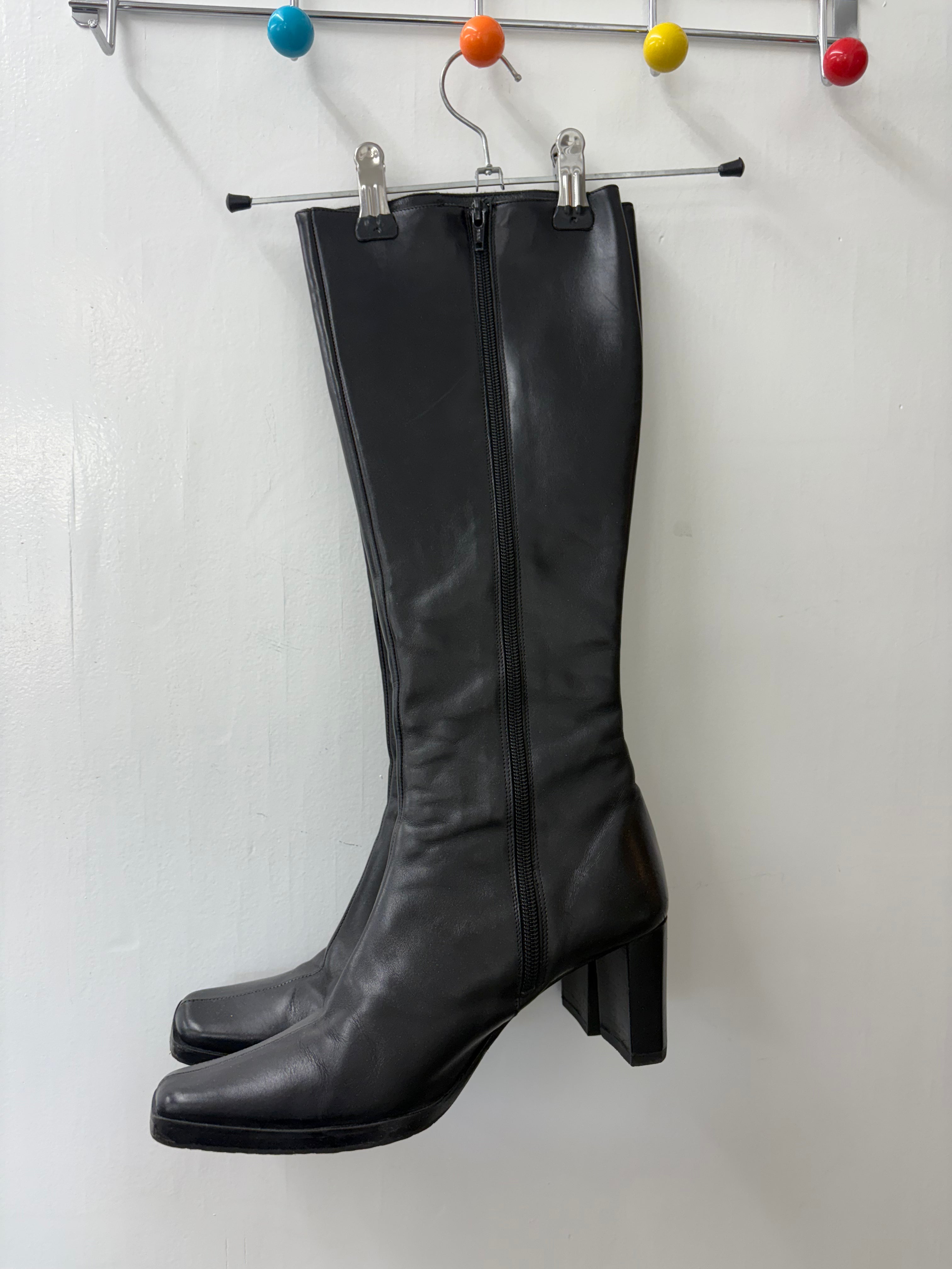 Black Leather Square Toe Knee-High Block Heel Boots