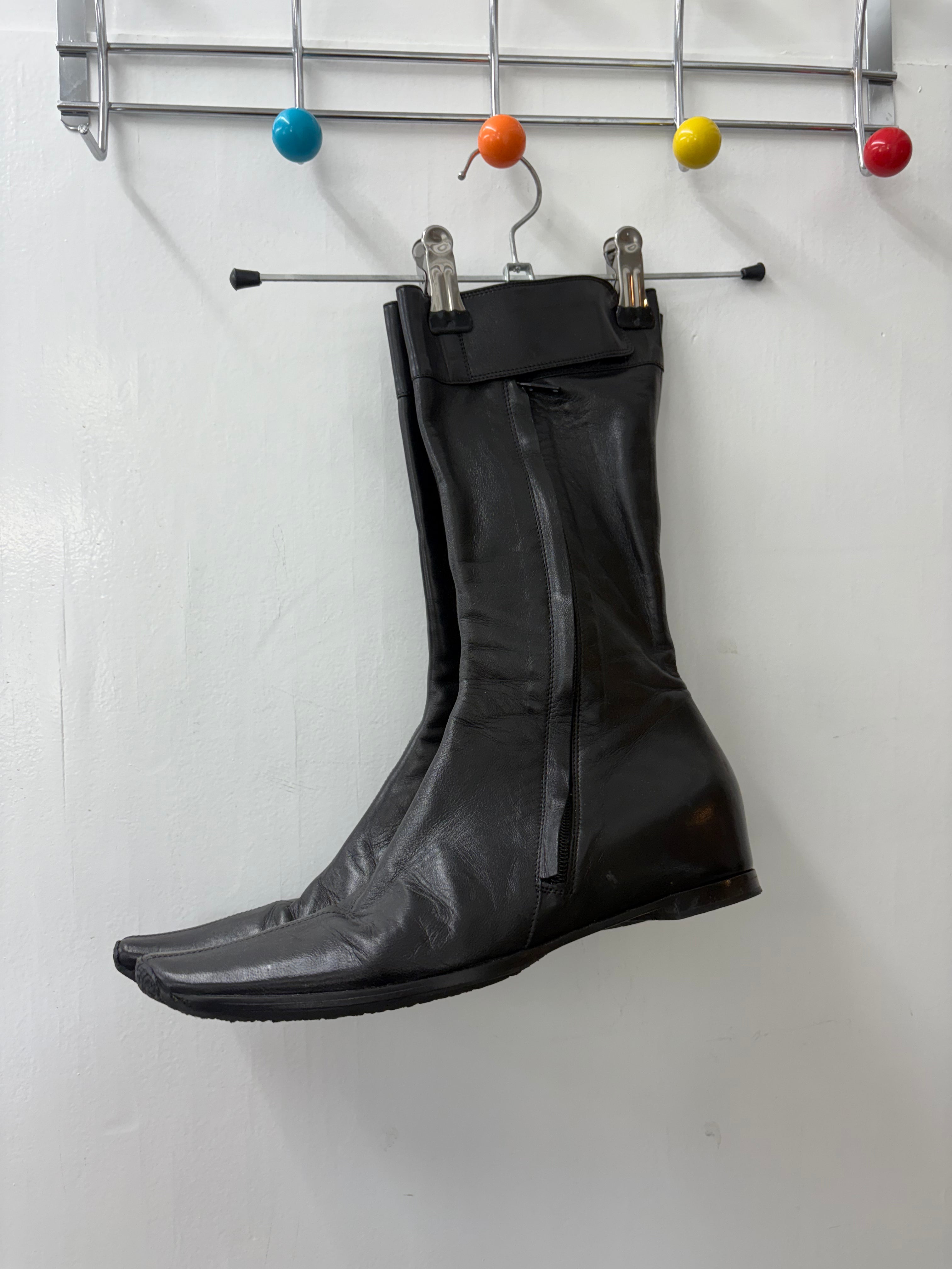 Black Leather Square Toe Flat Mid-Calf Boots Y2K