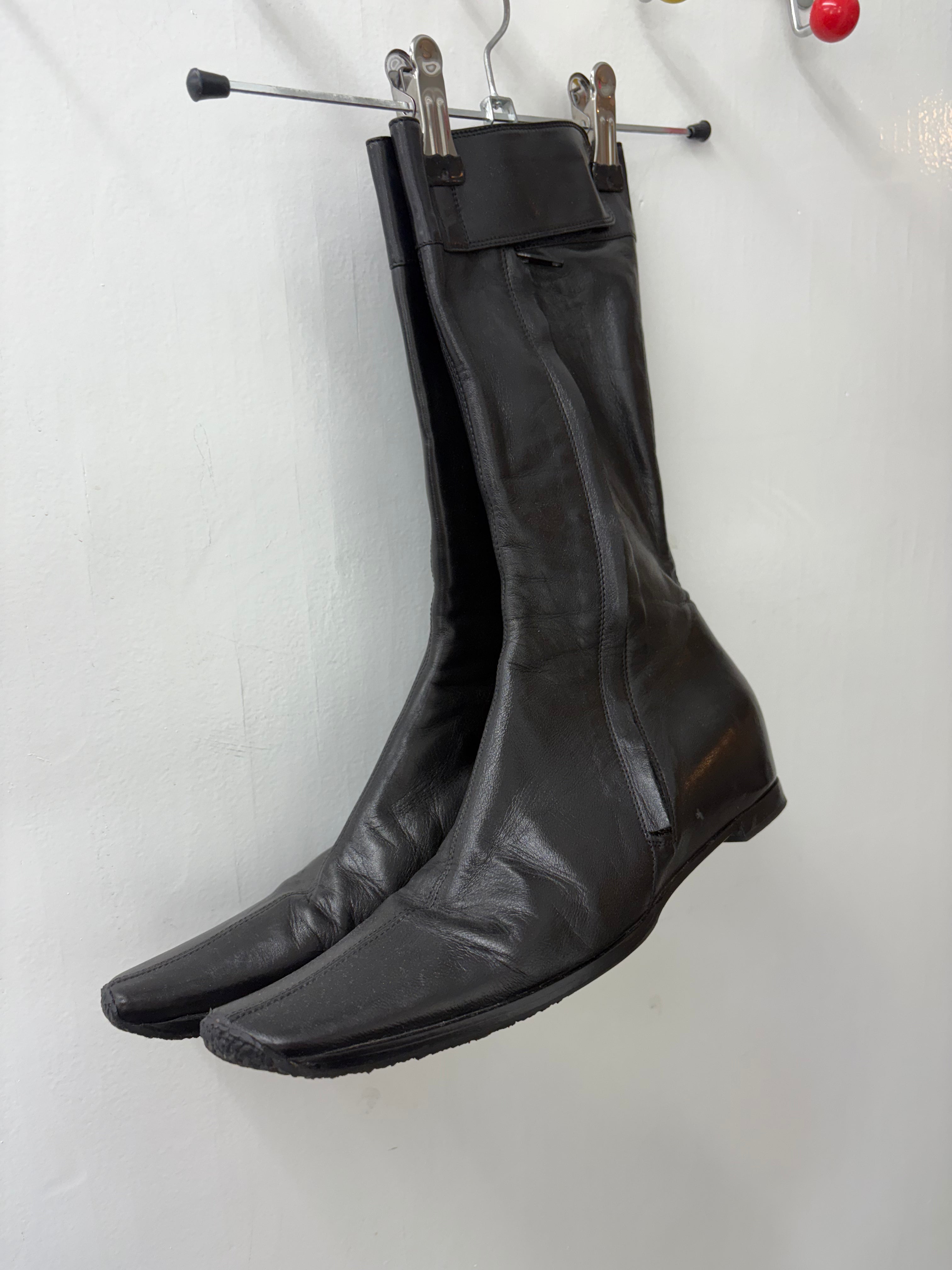 Black Leather Square Toe Flat Mid-Calf Boots Y2K