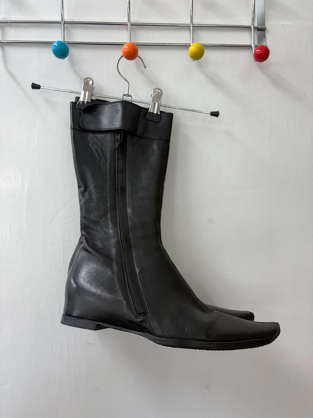 Black Leather Square Toe Flat Mid-Calf Boots Y2K