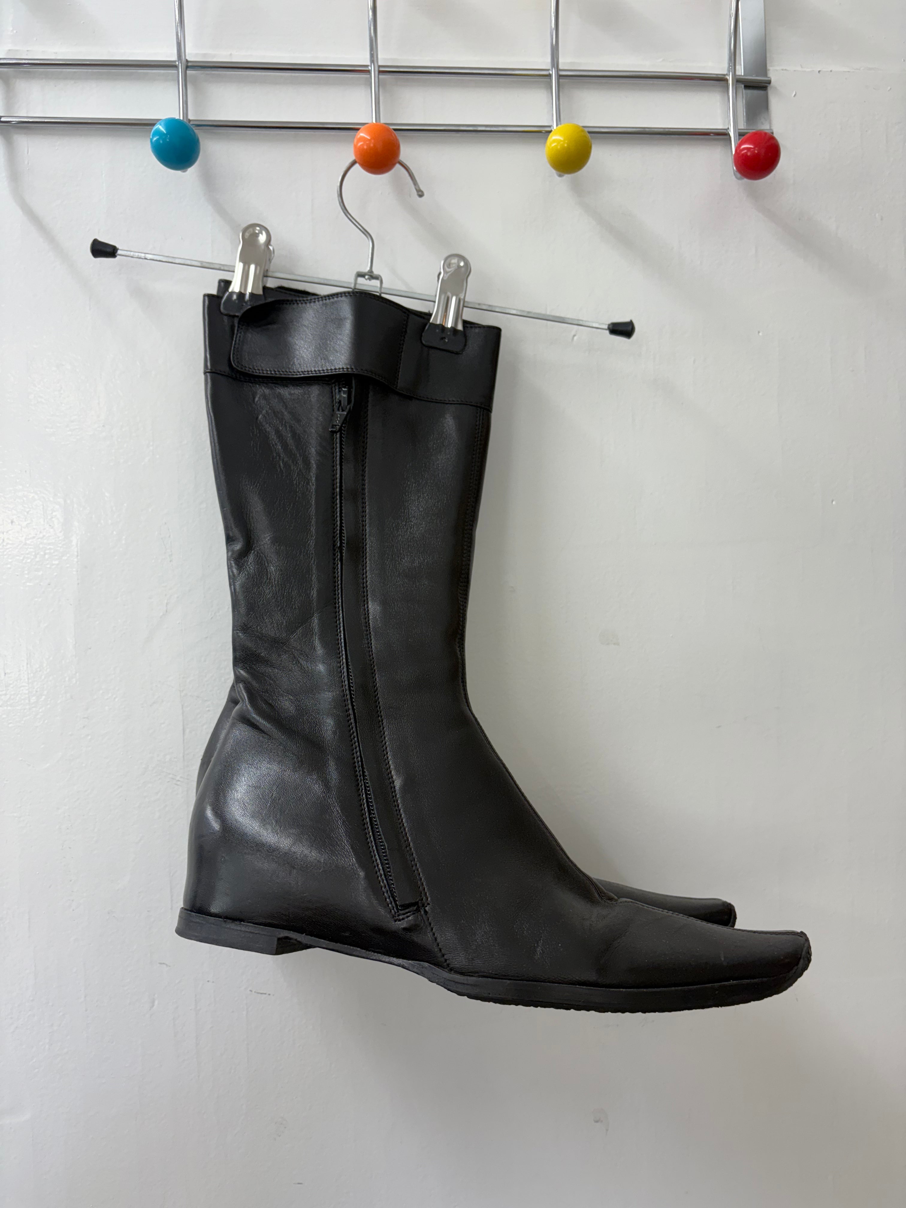 Black Leather Square Toe Flat Mid-Calf Boots Y2K