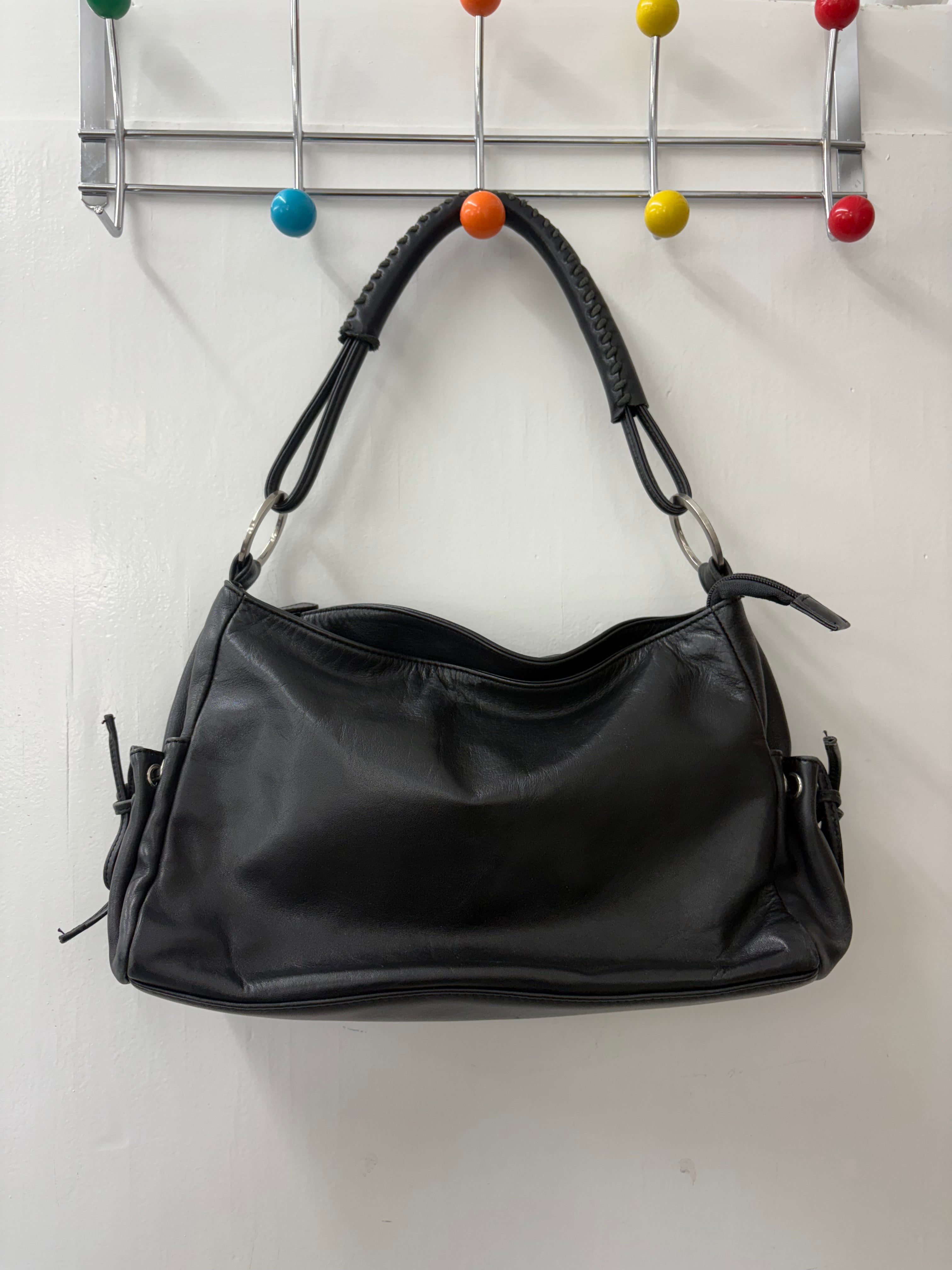 Black Leather Shoulder Bag Silver Ring Detail Y2K