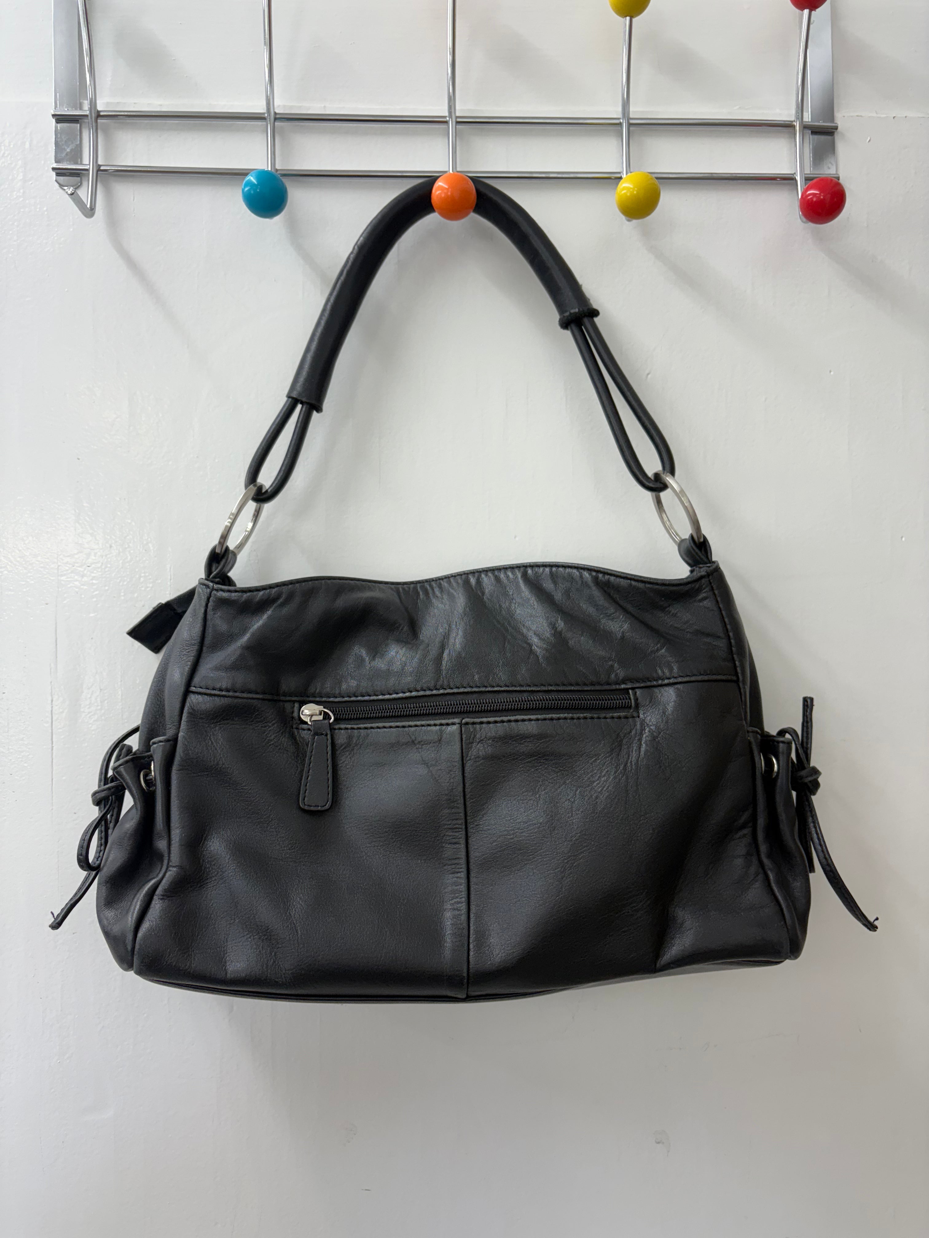 Black Leather Shoulder Bag Silver Ring Detail Y2K