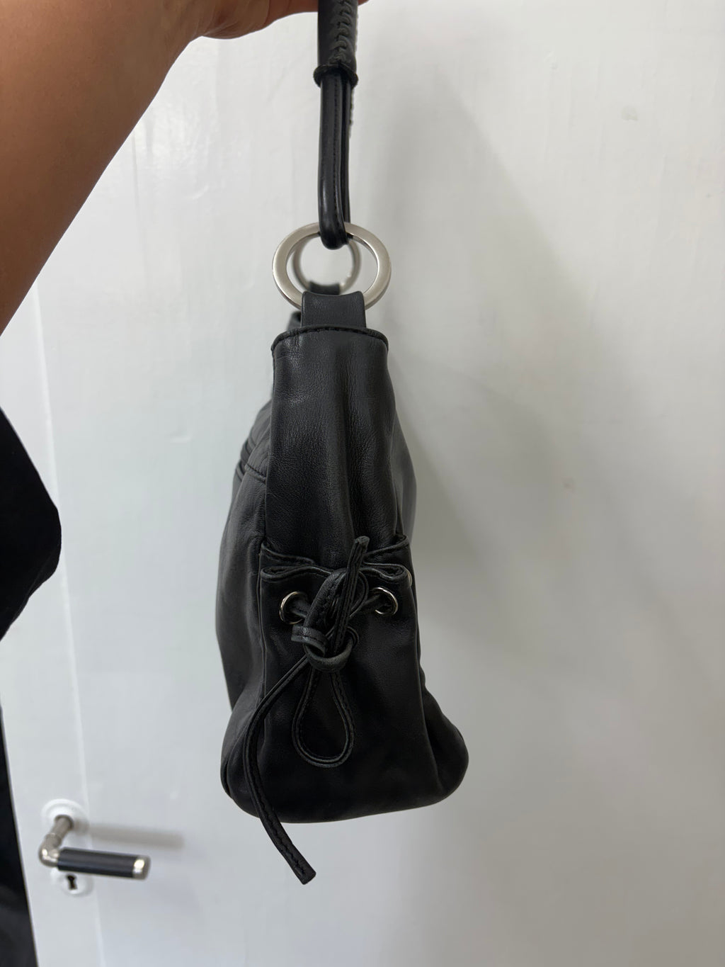Black Leather Shoulder Bag Silver Ring Detail Y2K
