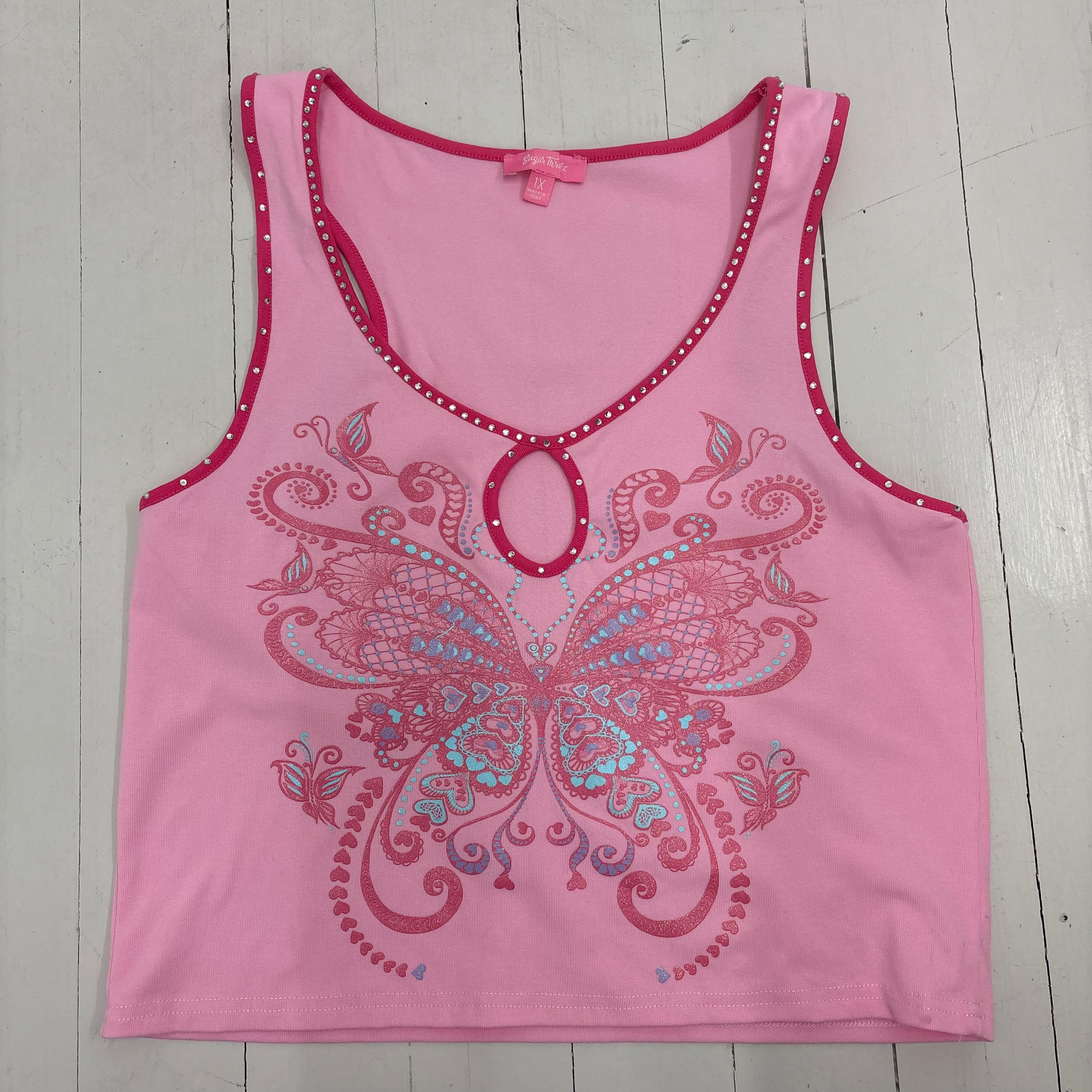 Pink Butterfly Rhinestone Tank Top