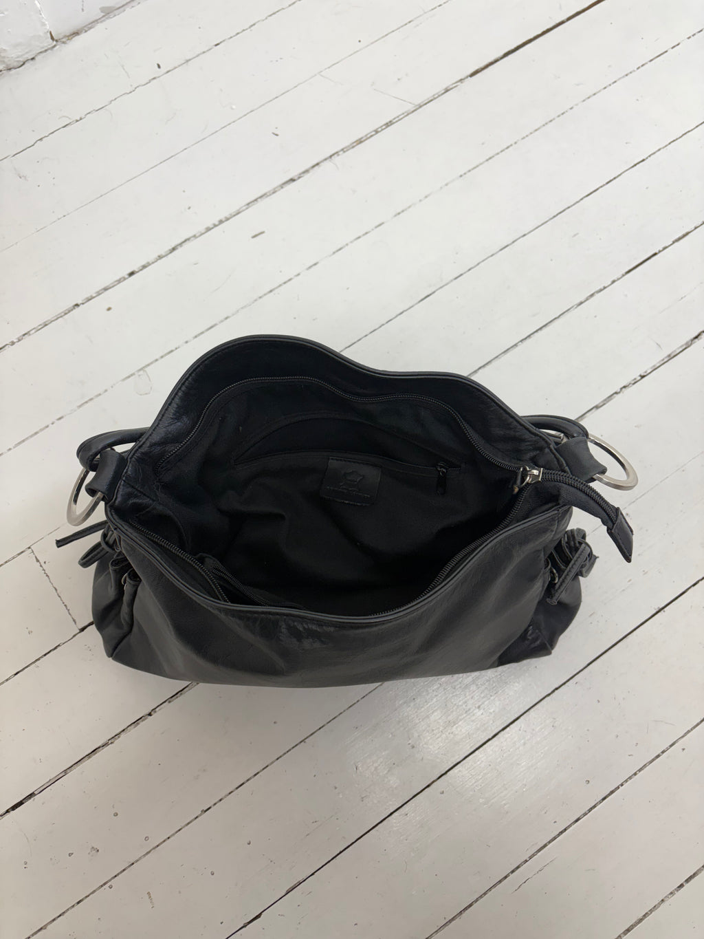Black Leather Shoulder Bag Silver Ring Detail Y2K