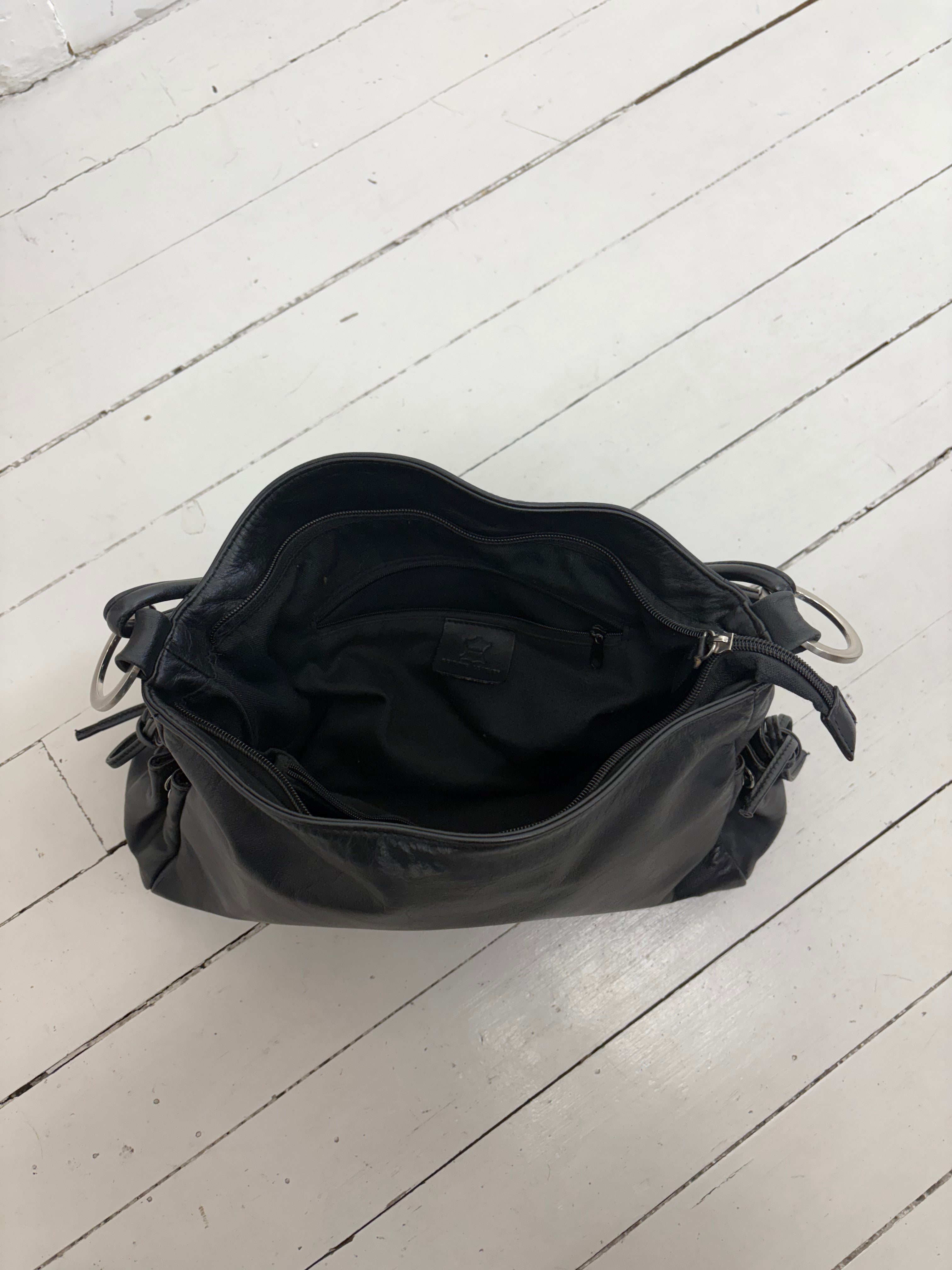 Black Leather Shoulder Bag Silver Ring Detail Y2K