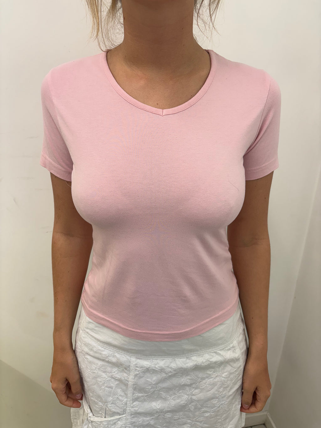 Baby Pink V-Neck Fitted Baby Tee Vintage Y2K