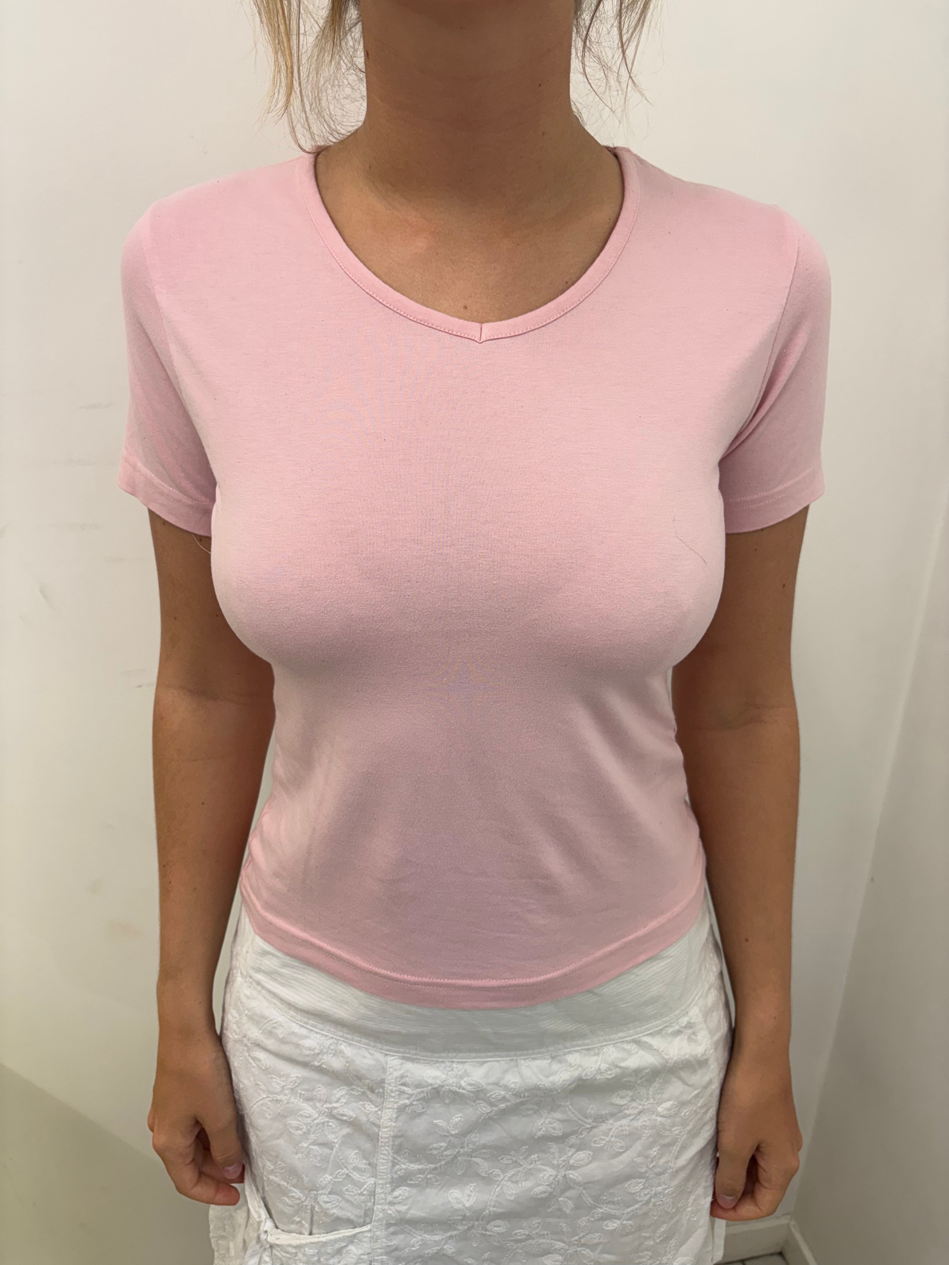 Baby Pink V-Neck Fitted Baby Tee Vintage Y2K