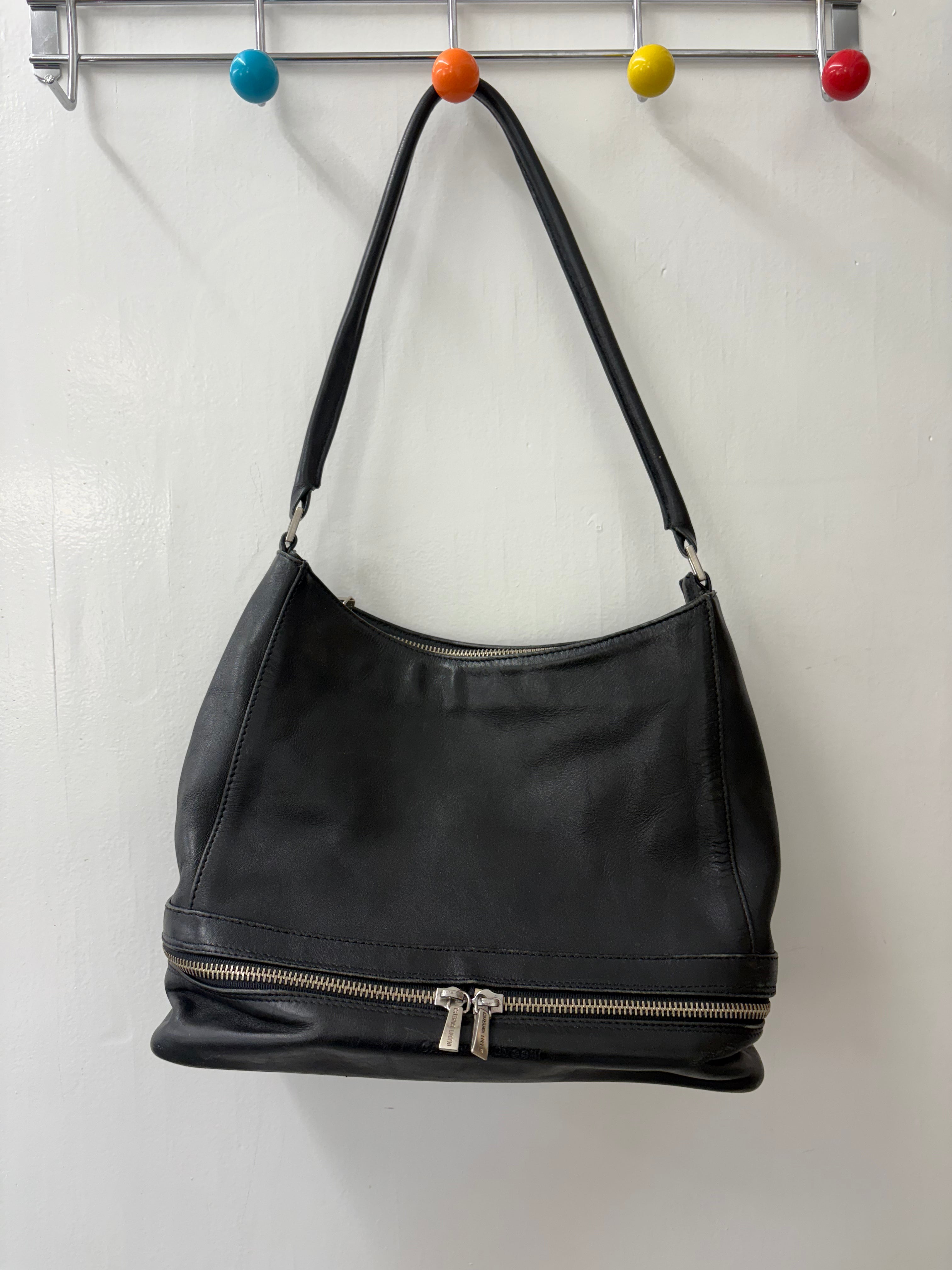 Black Leather Hobo Bag Double Zip Base Detail