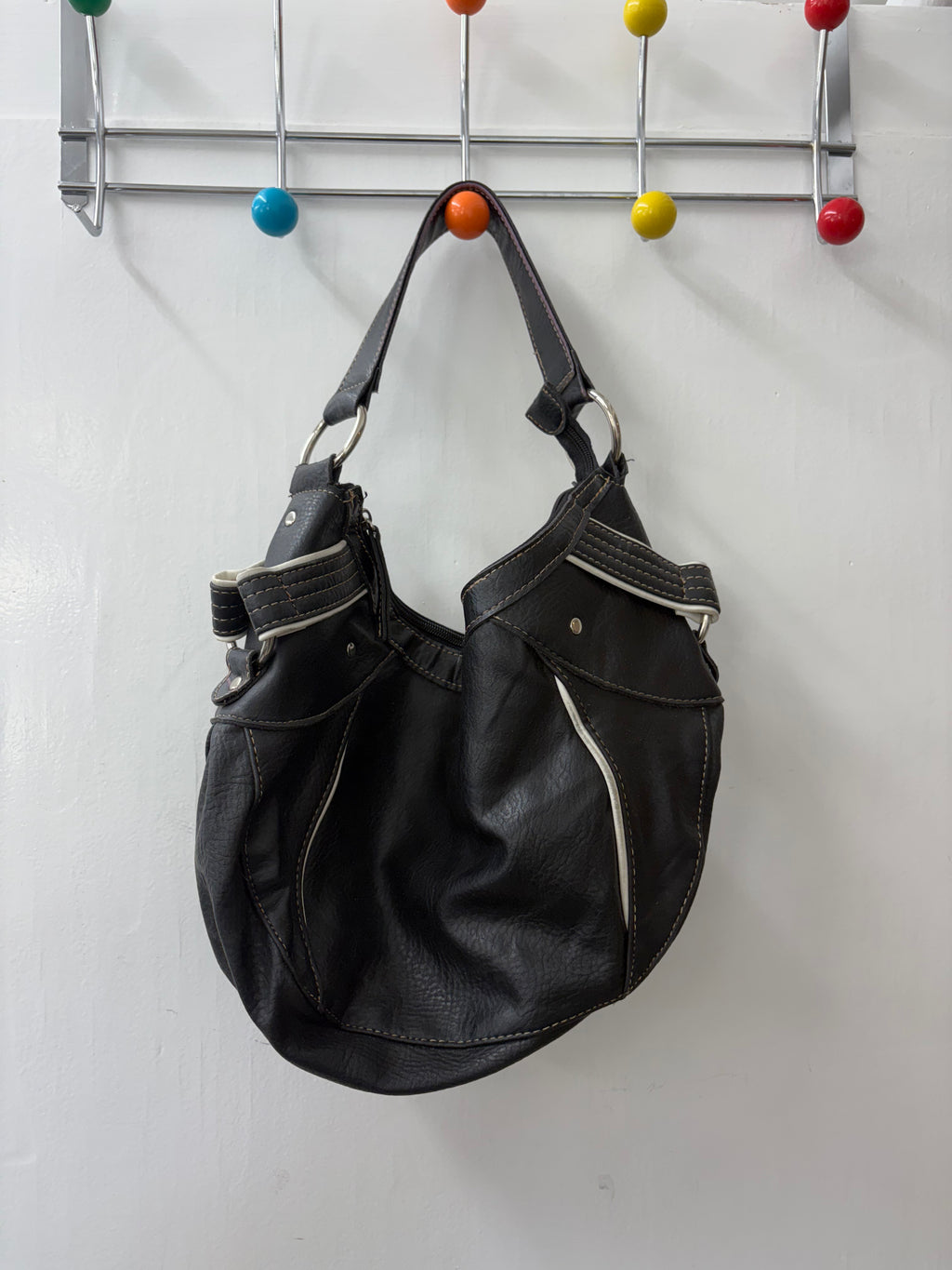 Black Leather Hobo Bag White Trim Silver Hardware Y2K