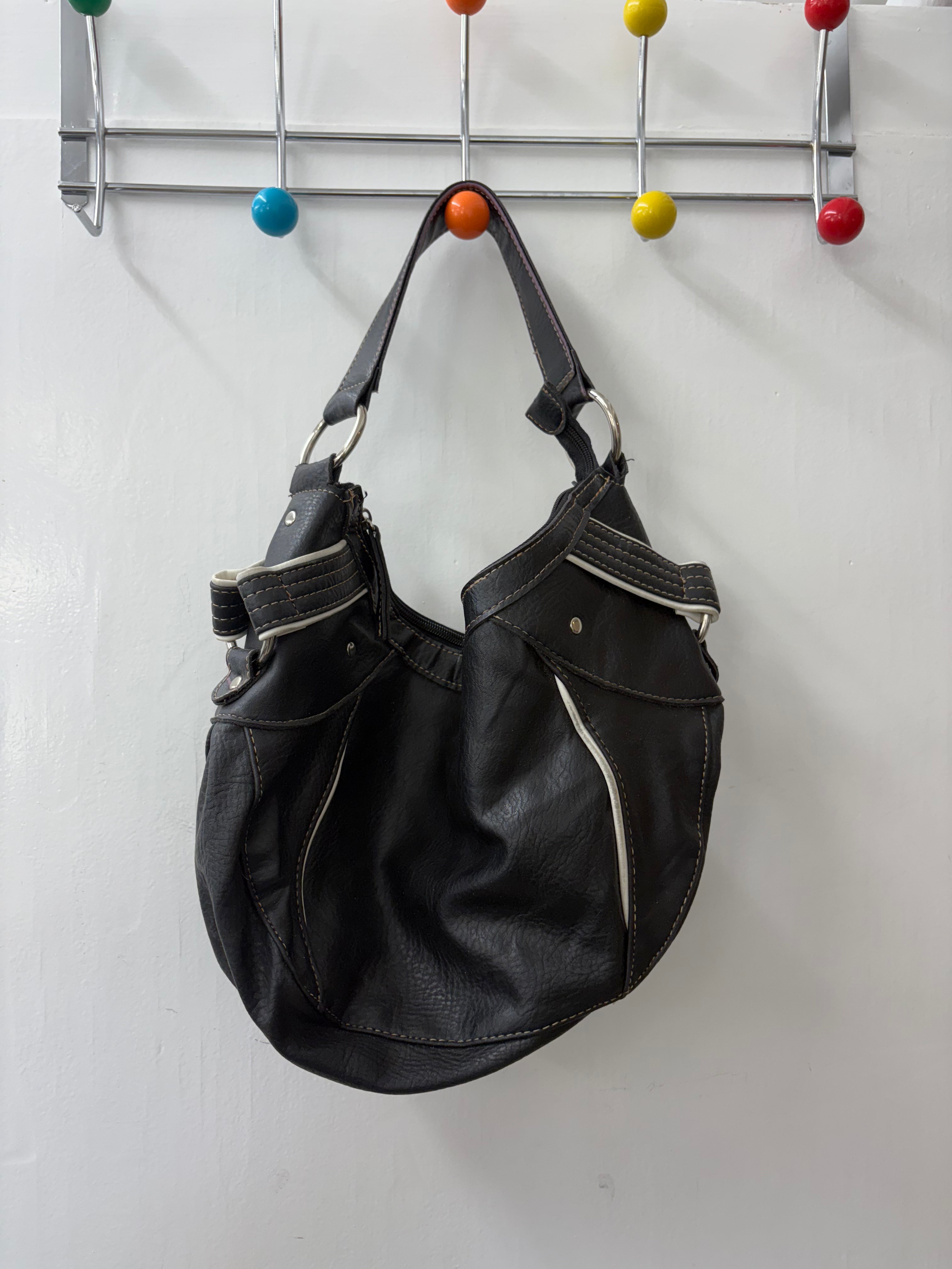Black Leather Hobo Bag White Trim Silver Hardware Y2K