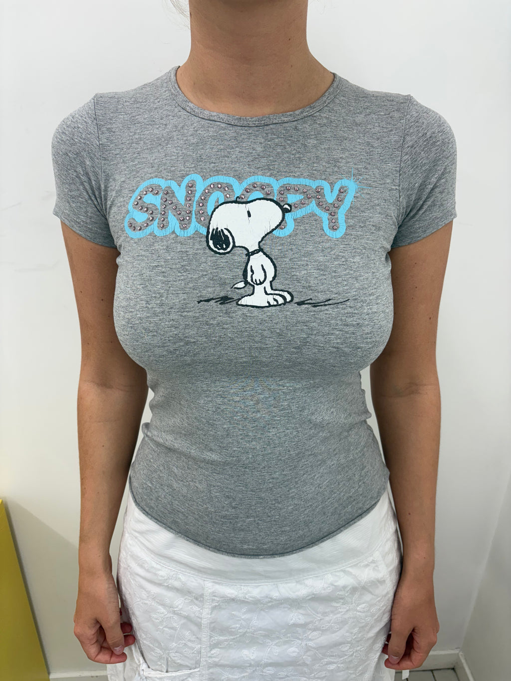 Grey Snoopy Rhinestone Graphic Baby Tee Vintage Y2K