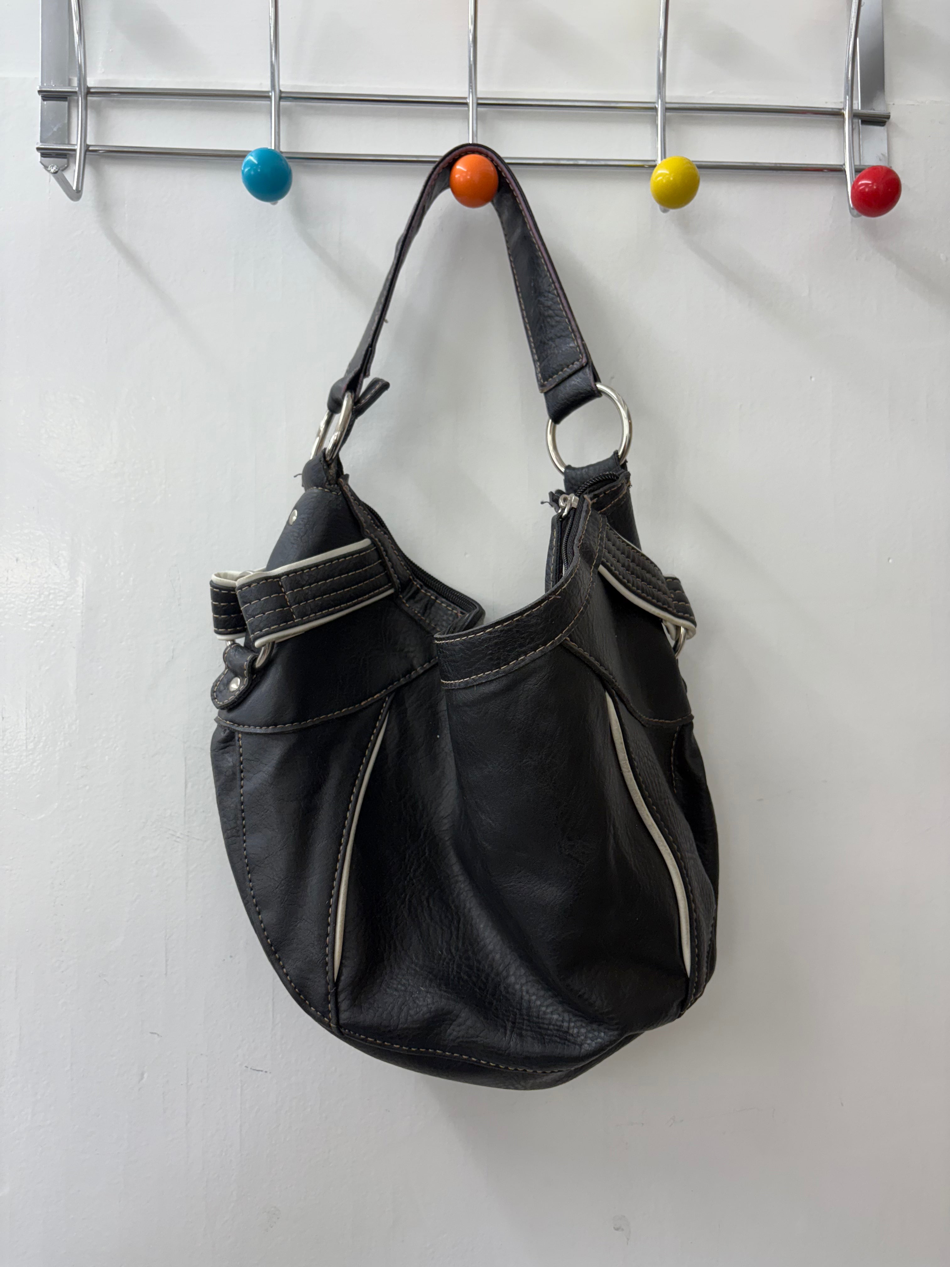 Black Leather Hobo Bag White Trim Silver Hardware Y2K