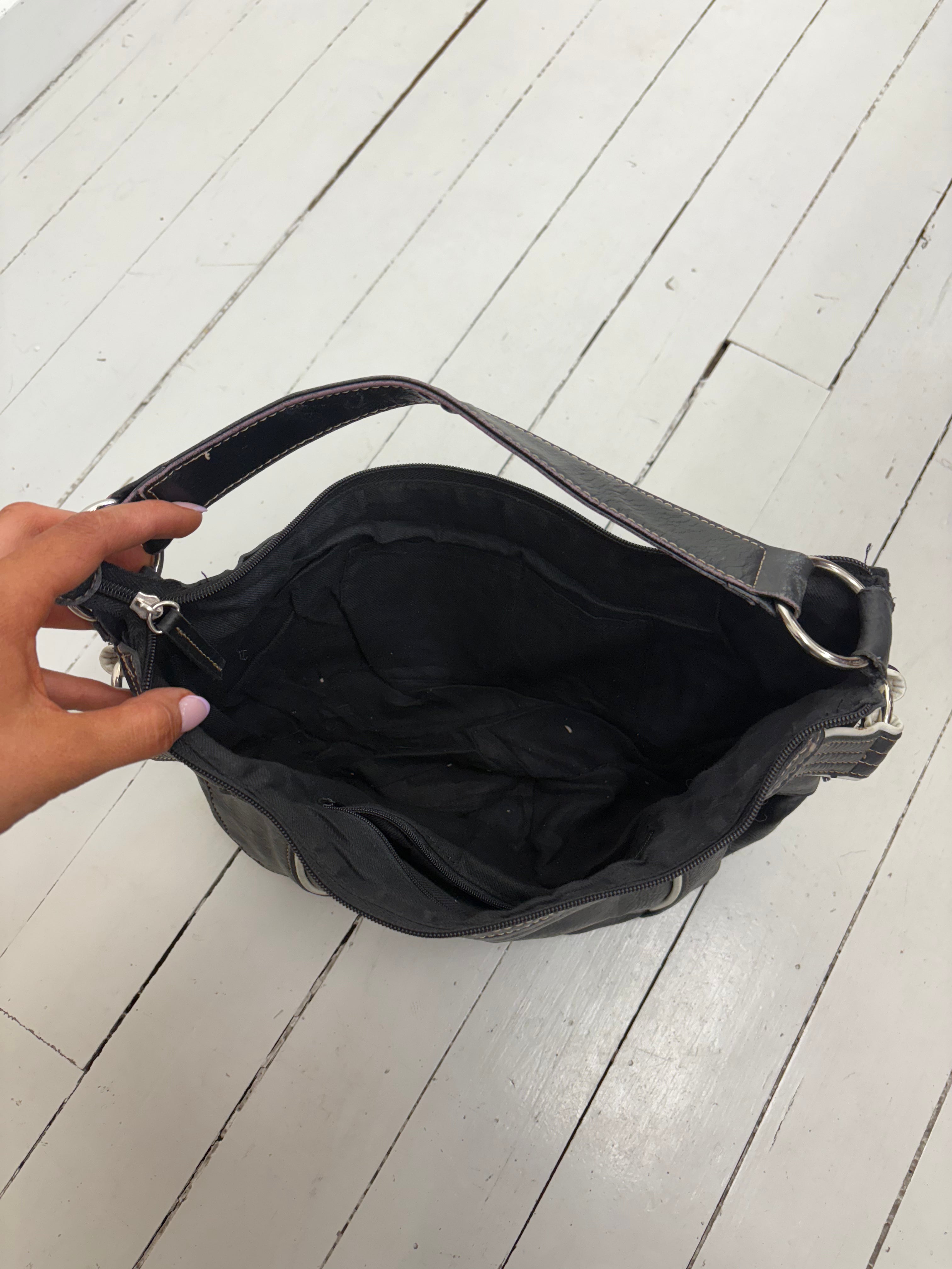 Black Leather Hobo Bag White Trim Silver Hardware Y2K