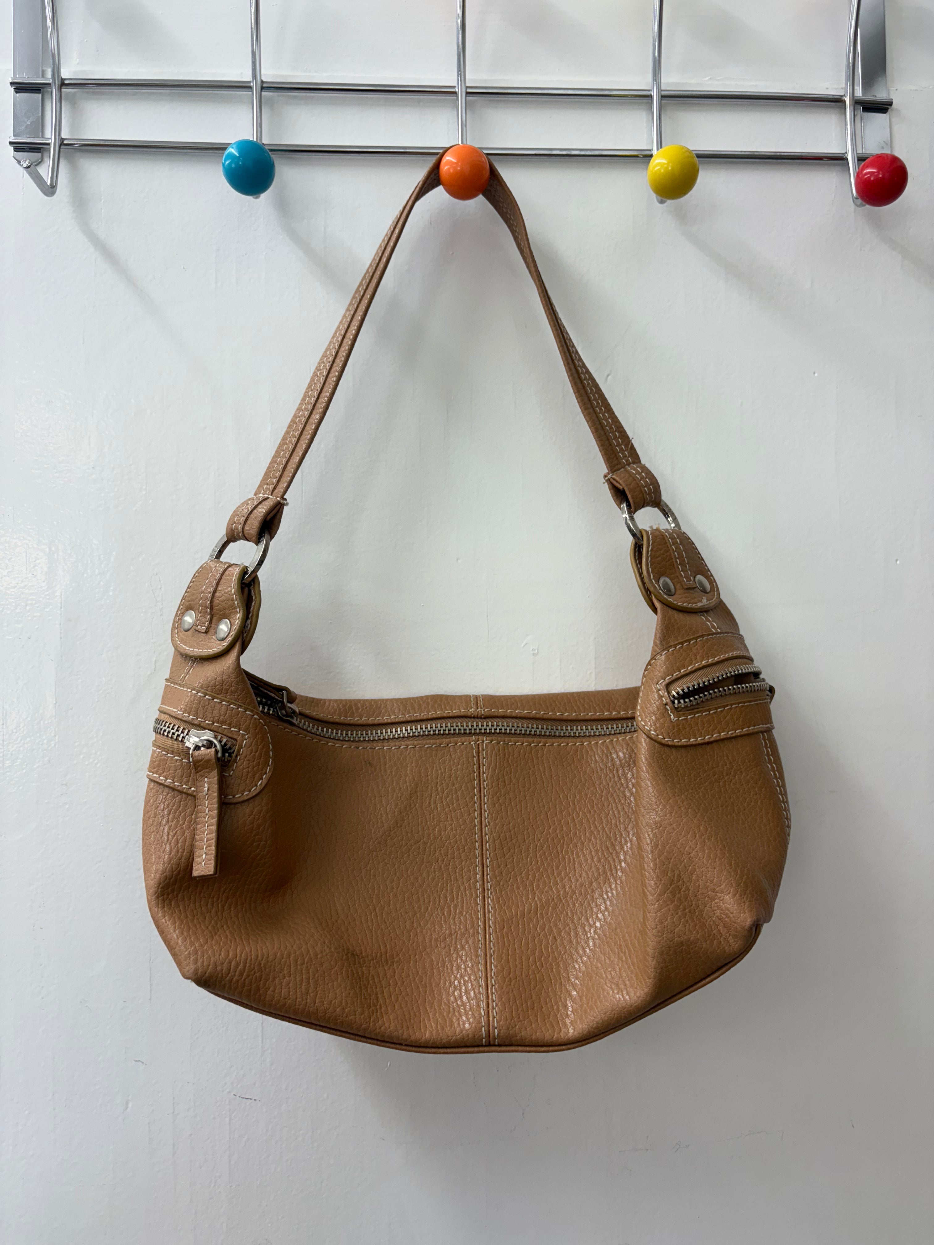 Tan Leather Mini Shoulder Bag Silver Zip Y2K