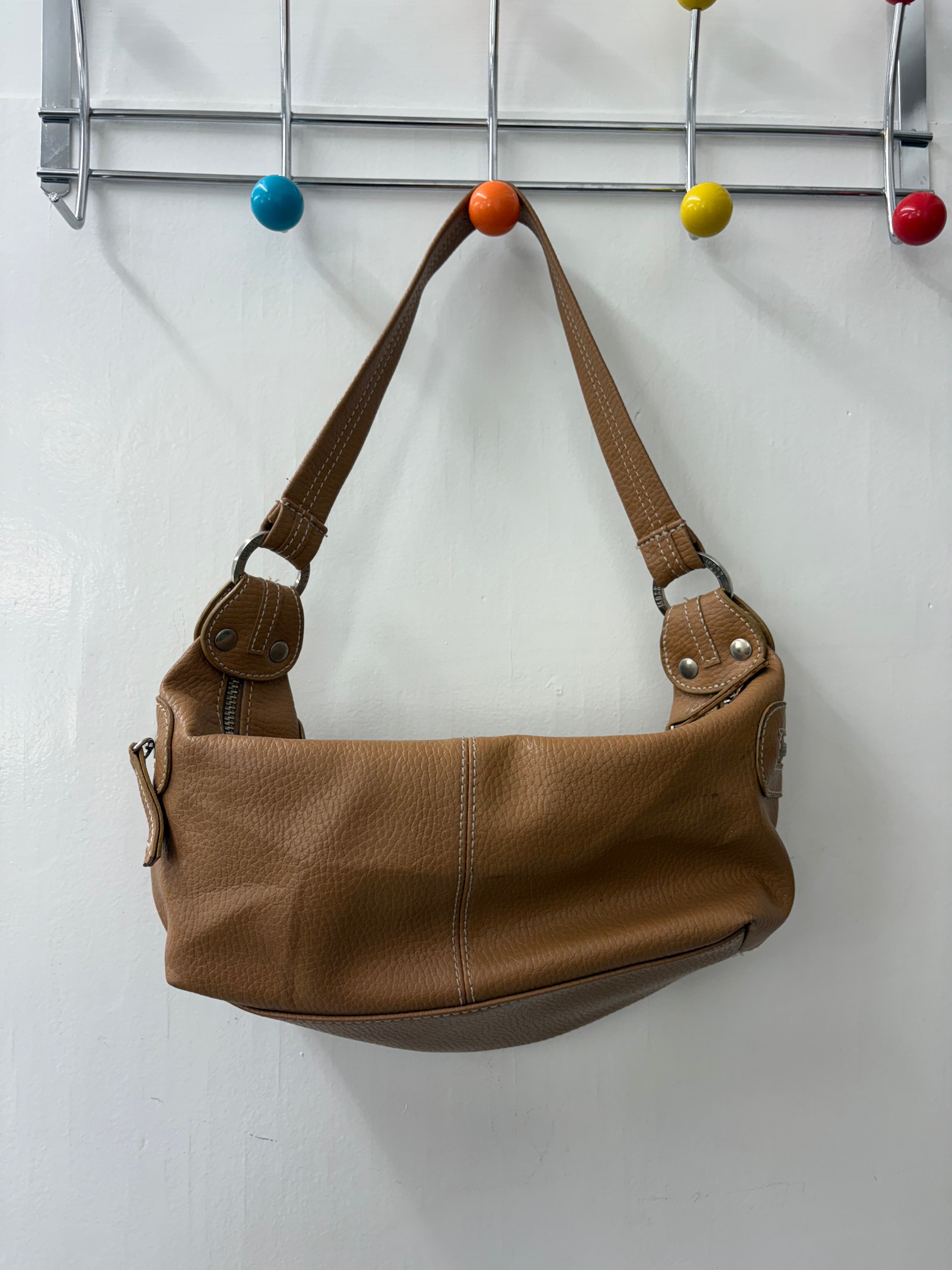 Tan Leather Mini Shoulder Bag Silver Zip Y2K