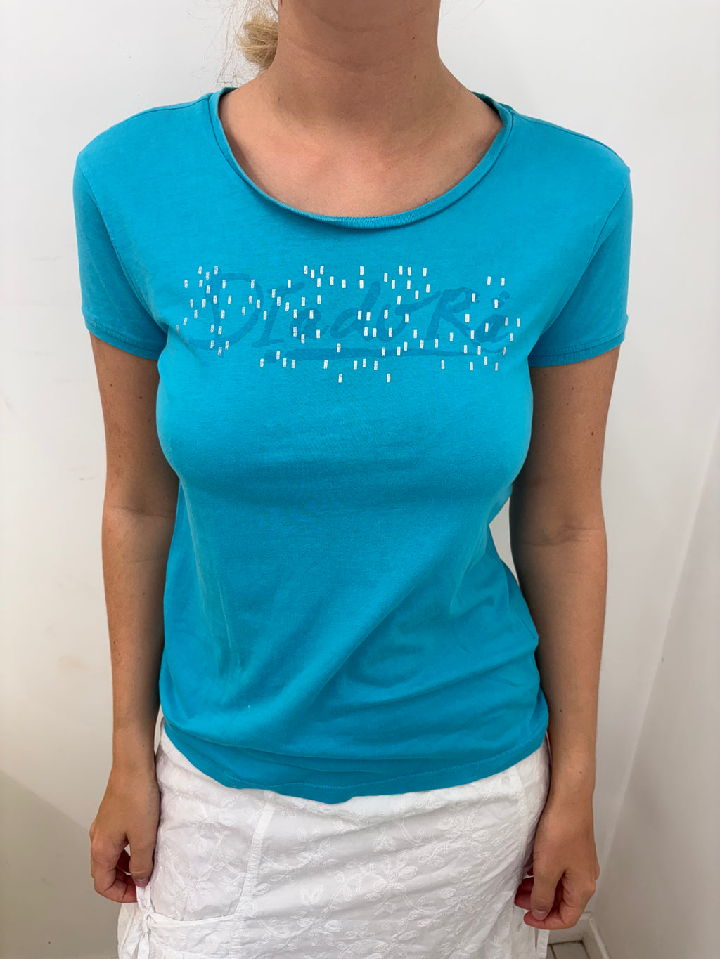 Turquoise Crystal Embellished Logo Baby Tee Y2K