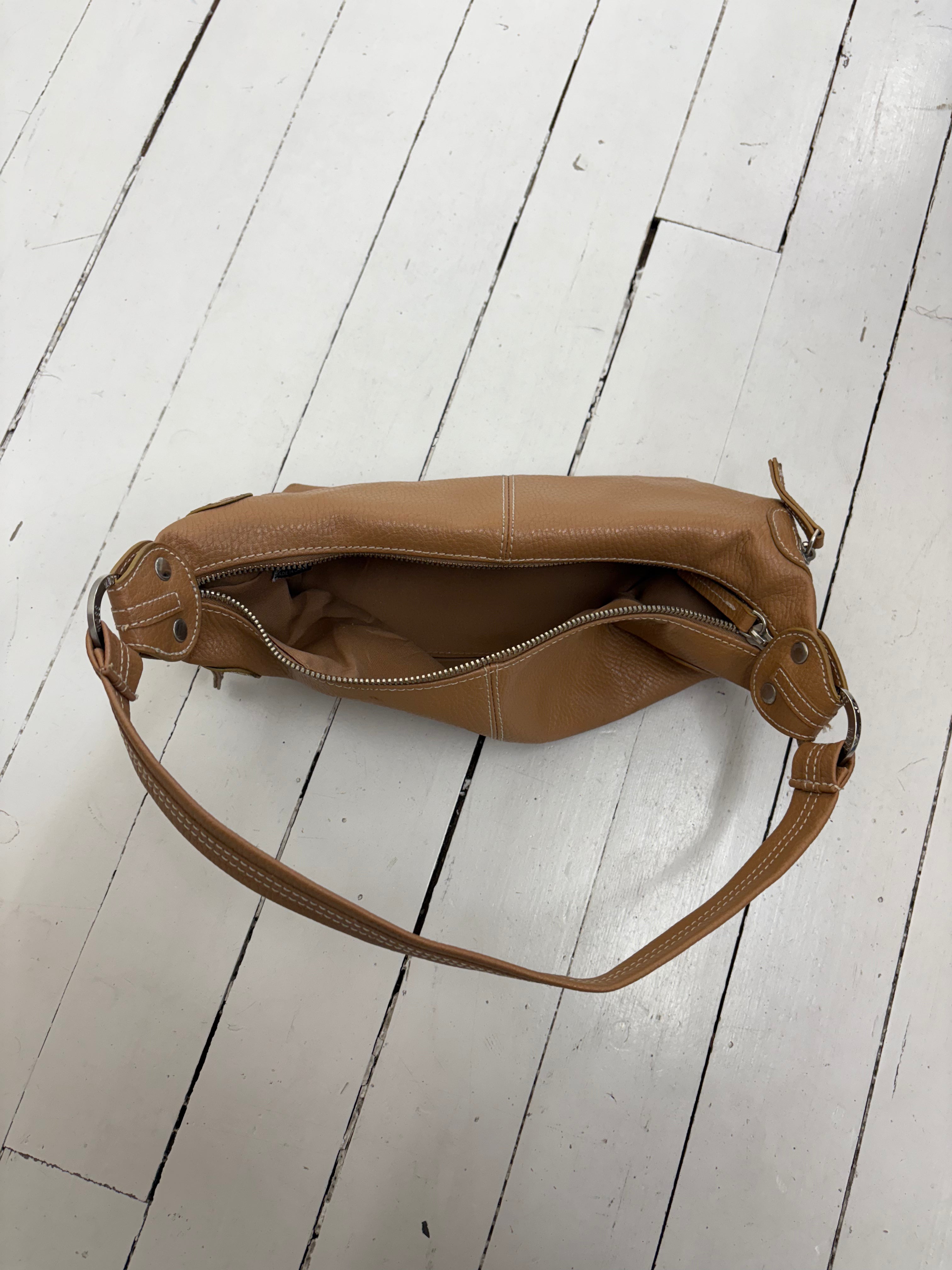 Tan Leather Mini Shoulder Bag Silver Zip Y2K