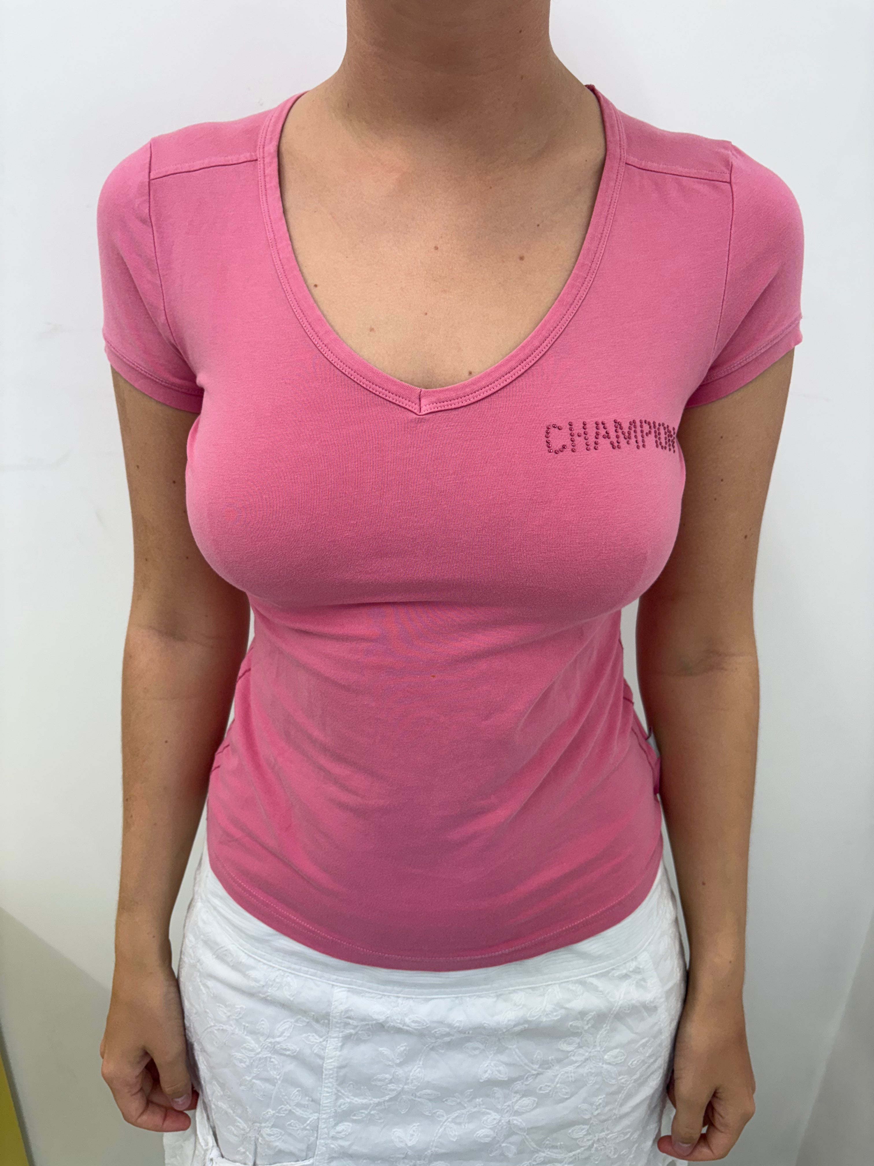 Vintage Champion Pink Rhinestone Logo V-Neck Tee Y2K