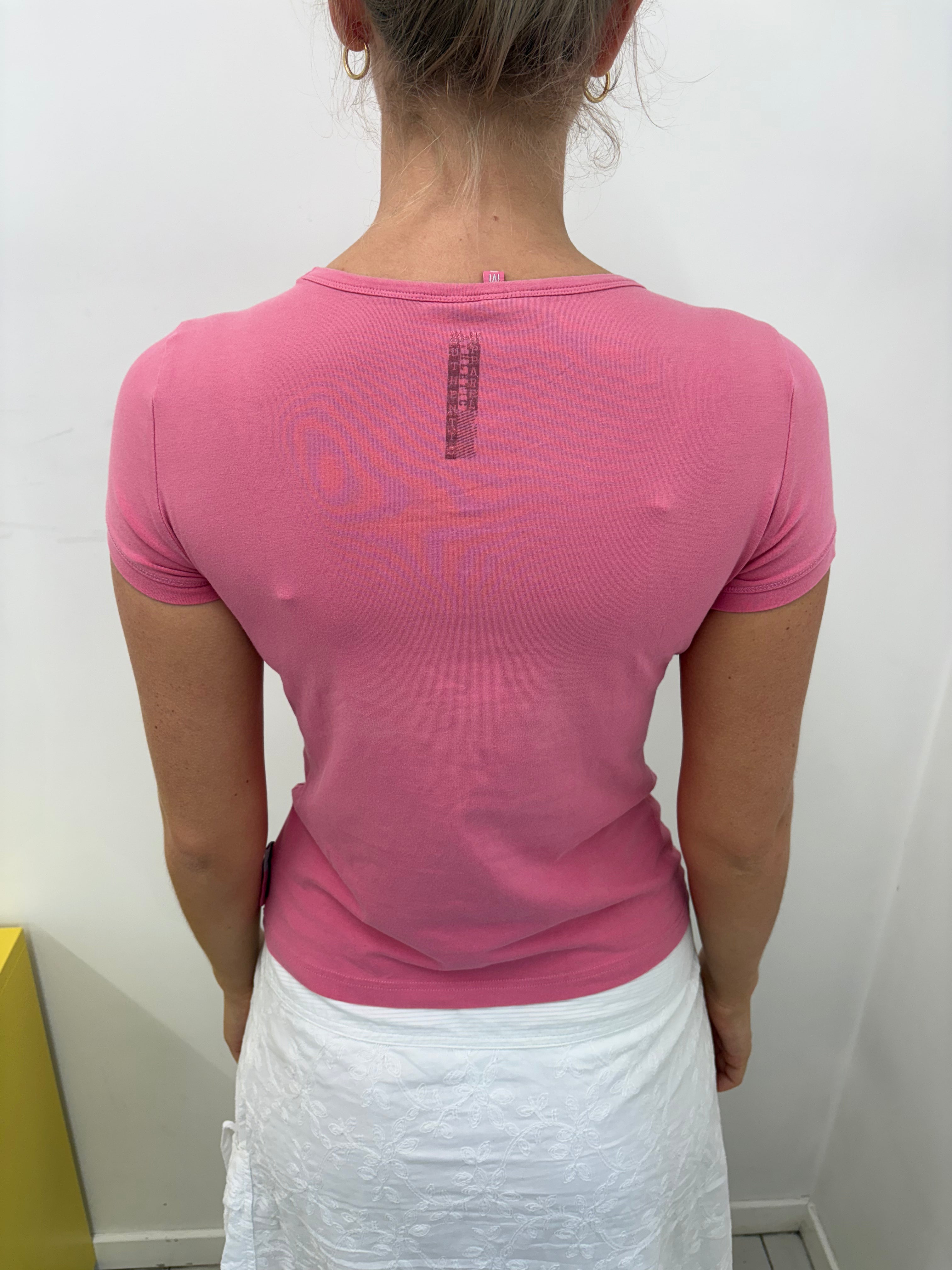 Vintage Champion Pink Rhinestone Logo V-Neck Tee Y2K