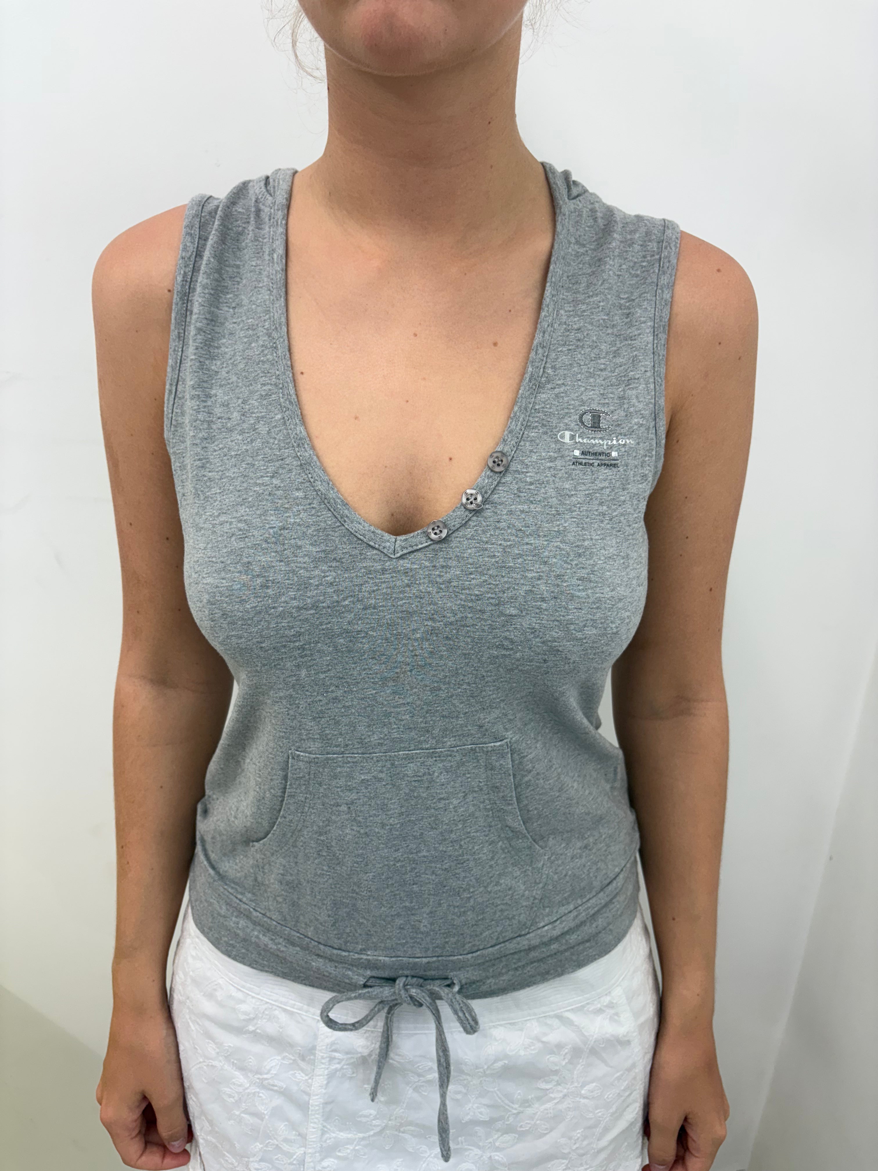 Vintage Champion Grey Hooded Sleeveless Tank Top Y2K