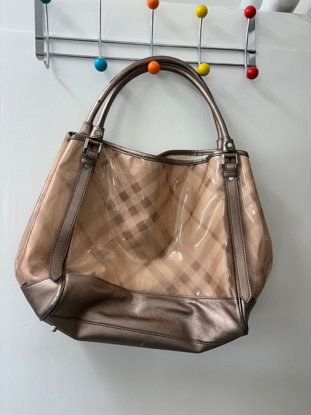 Burberry Bronze Check PVC Tote Bag Metallic Trim
