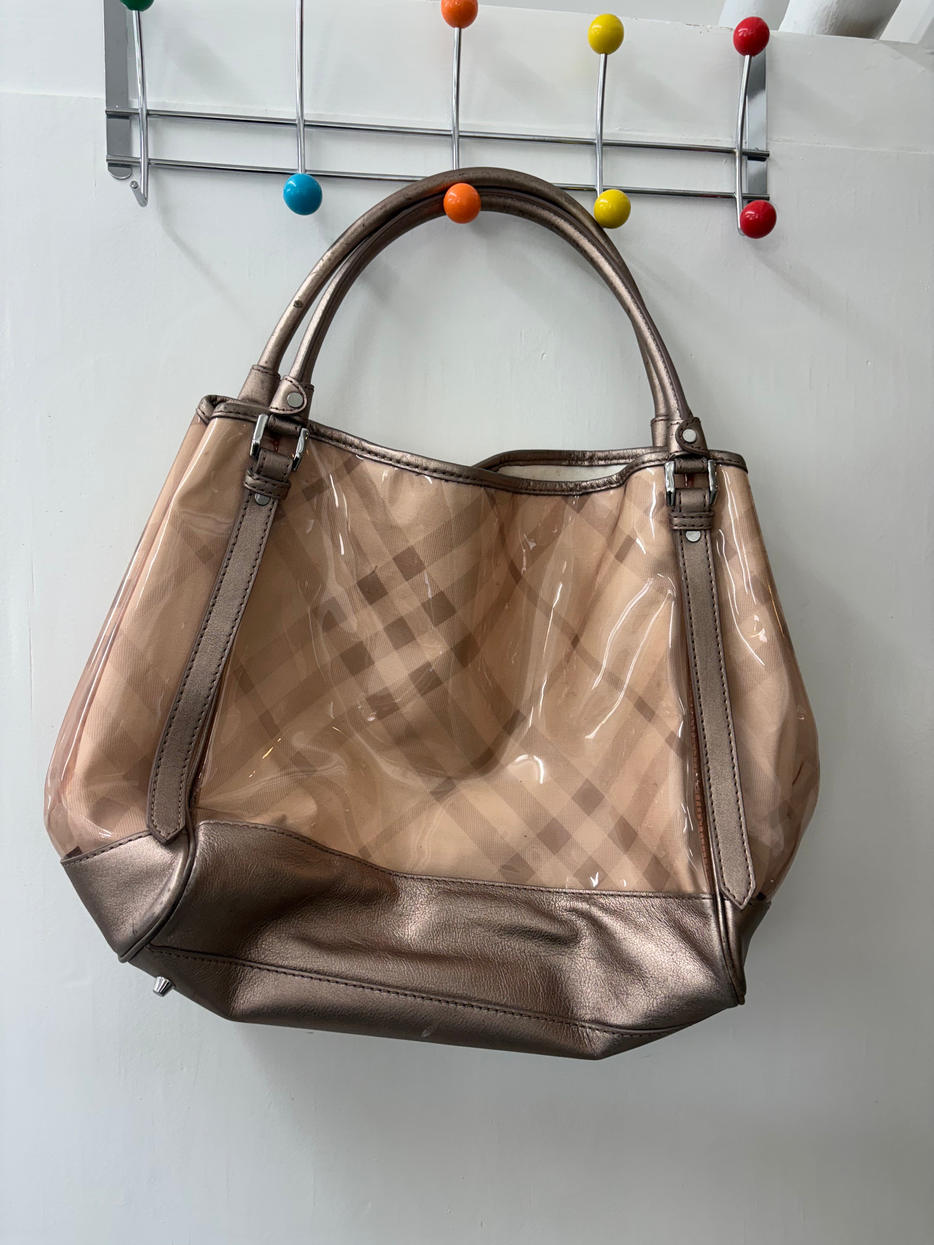 Burberry Bronze Check PVC Tote Bag Metallic Trim