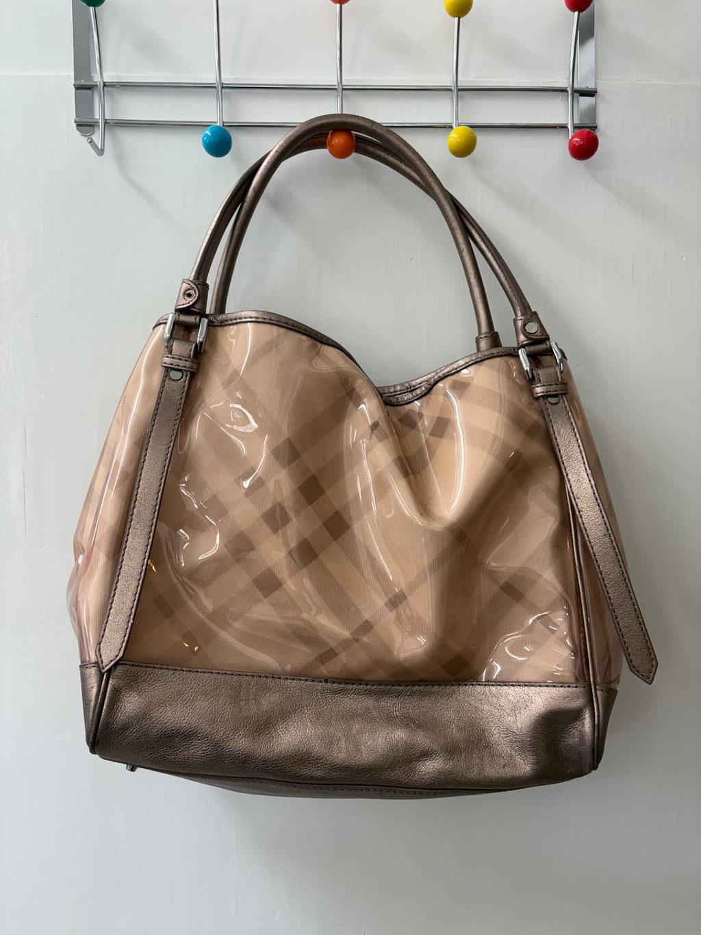 Burberry Bronze Check PVC Tote Bag Metallic Trim