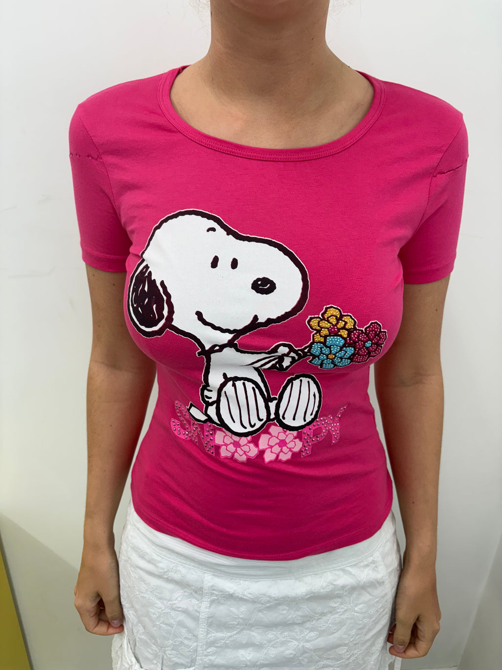 Hot Pink Snoopy Floral Rhinestone Graphic Baby Tee Y2K