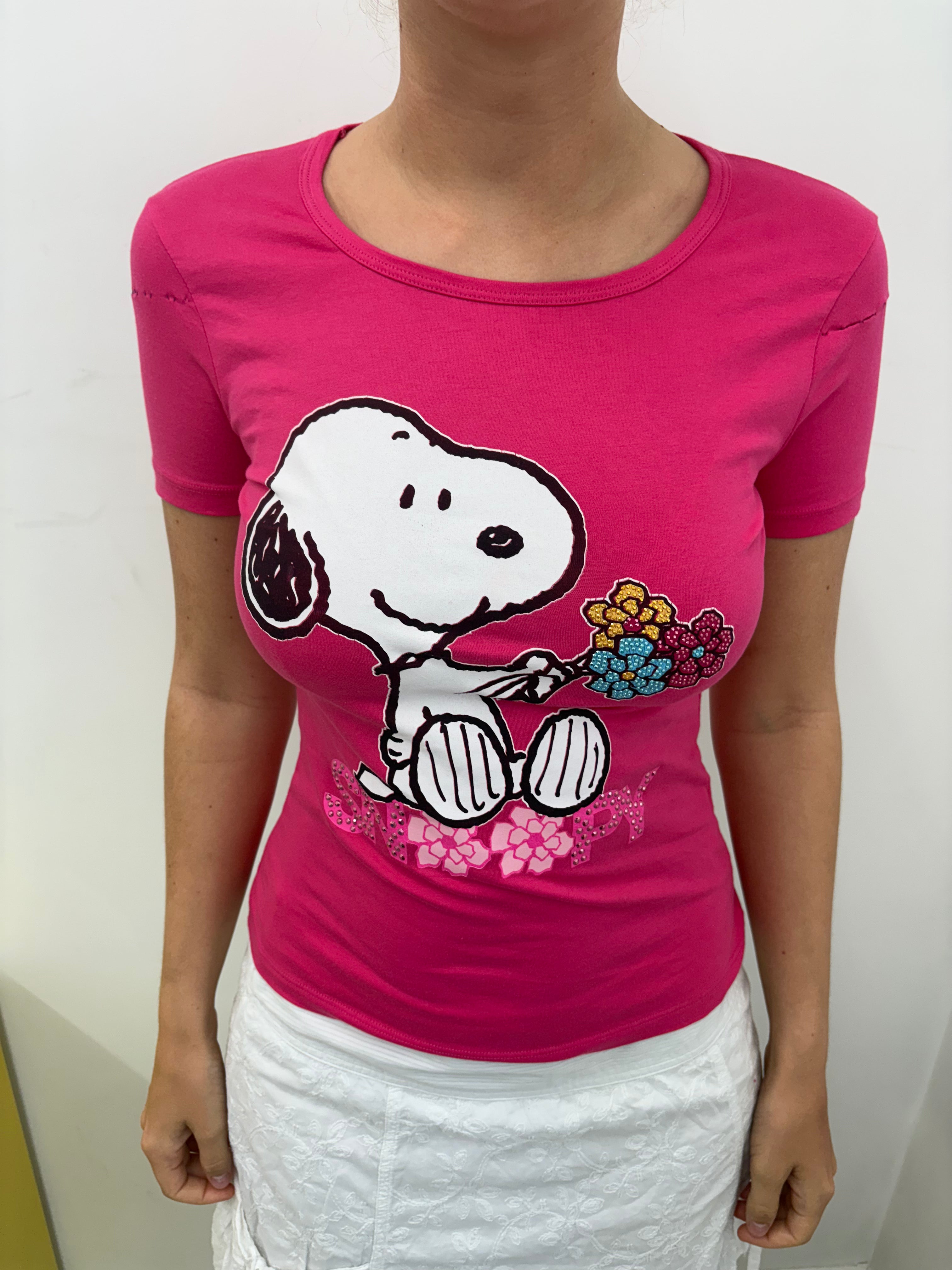 Hot Pink Snoopy Floral Rhinestone Graphic Baby Tee Y2K