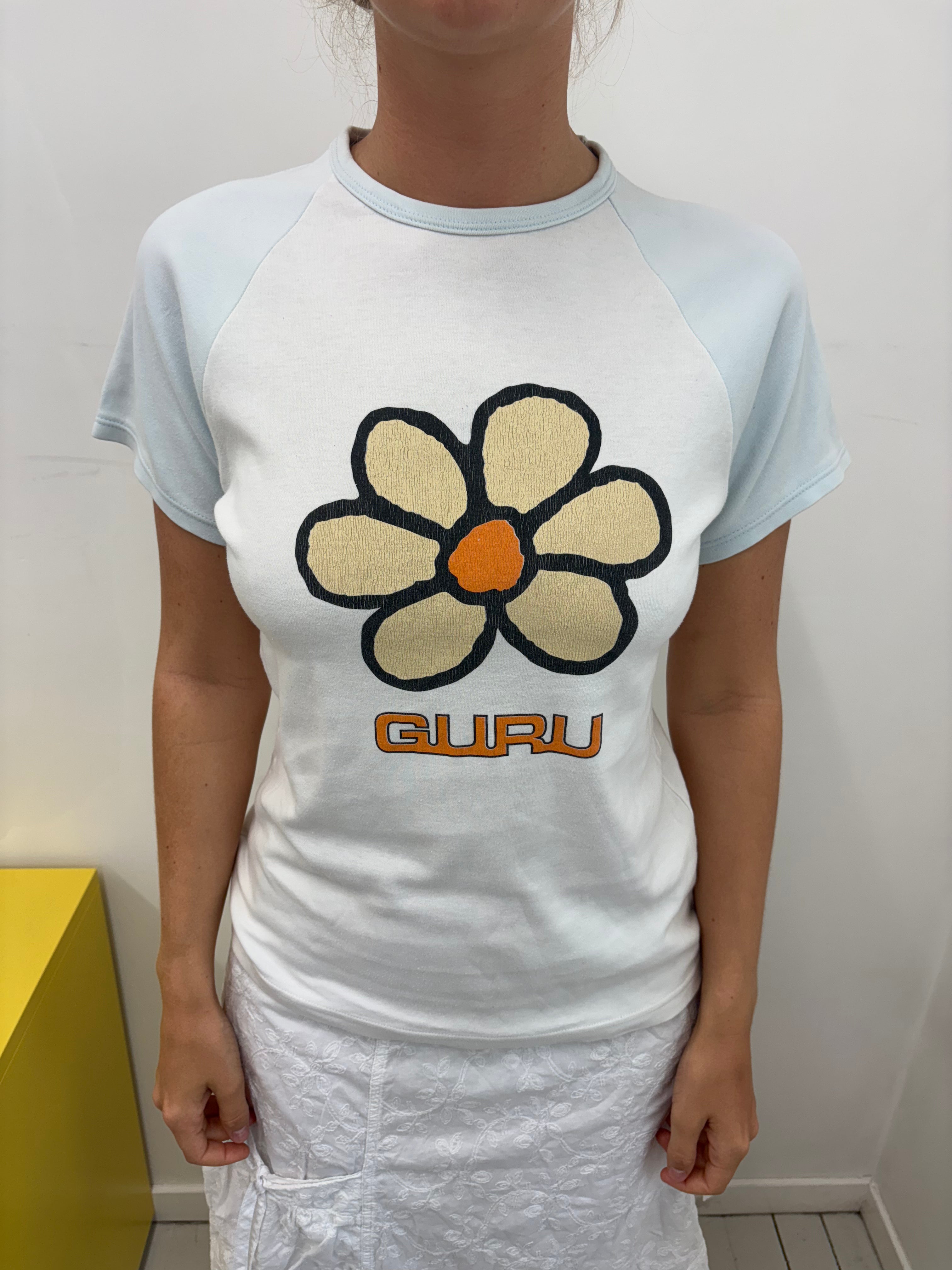 Guru White Baby Blue Raglan Daisy Logo Tee Y2K