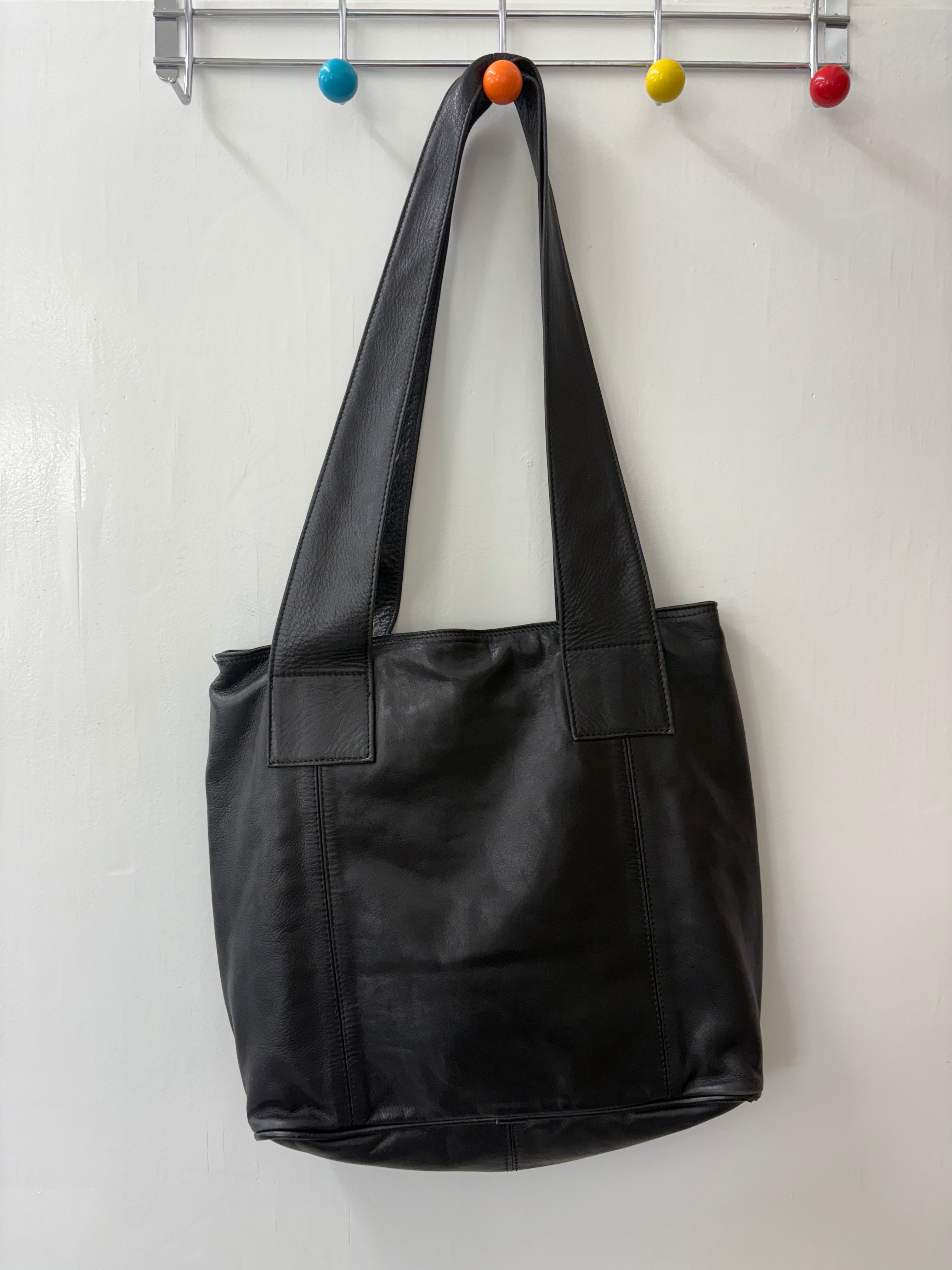 Black Leather Slouchy Tote Bag Minimal Y2K