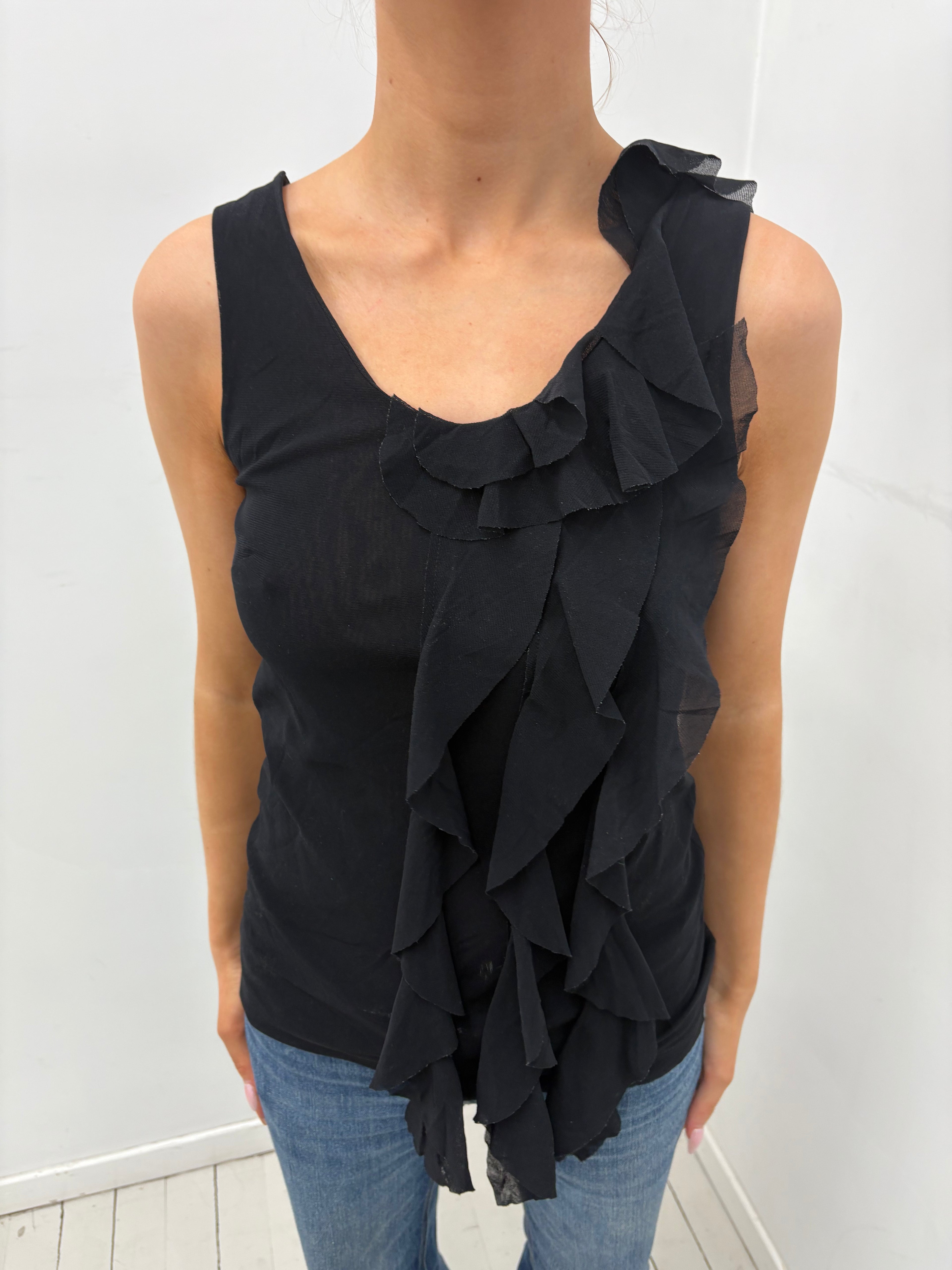 Black Asymmetric Ruffle Y2K Tank