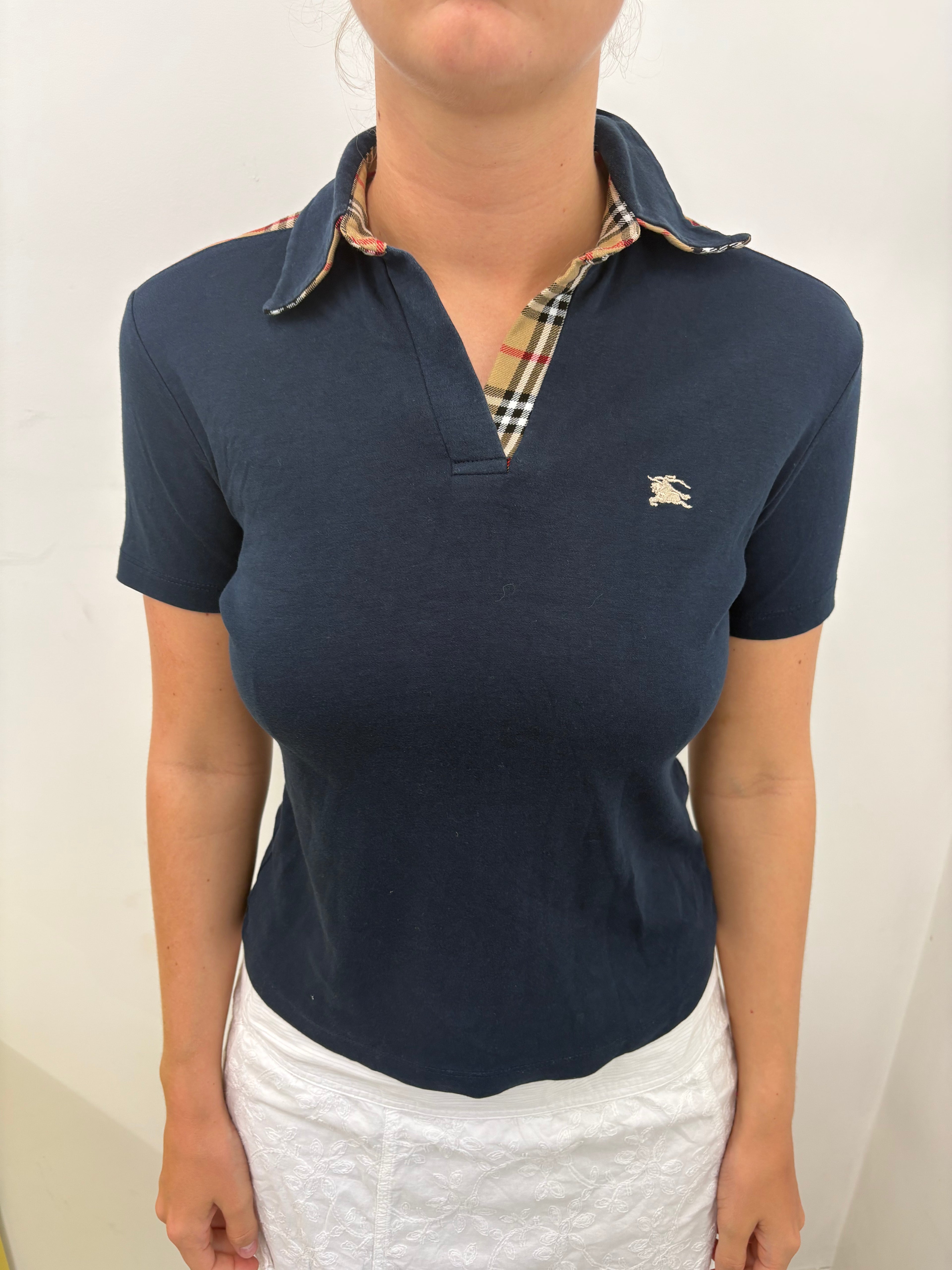 Vintage Burberry Navy Nova Check Collar Polo Shirt Y2K