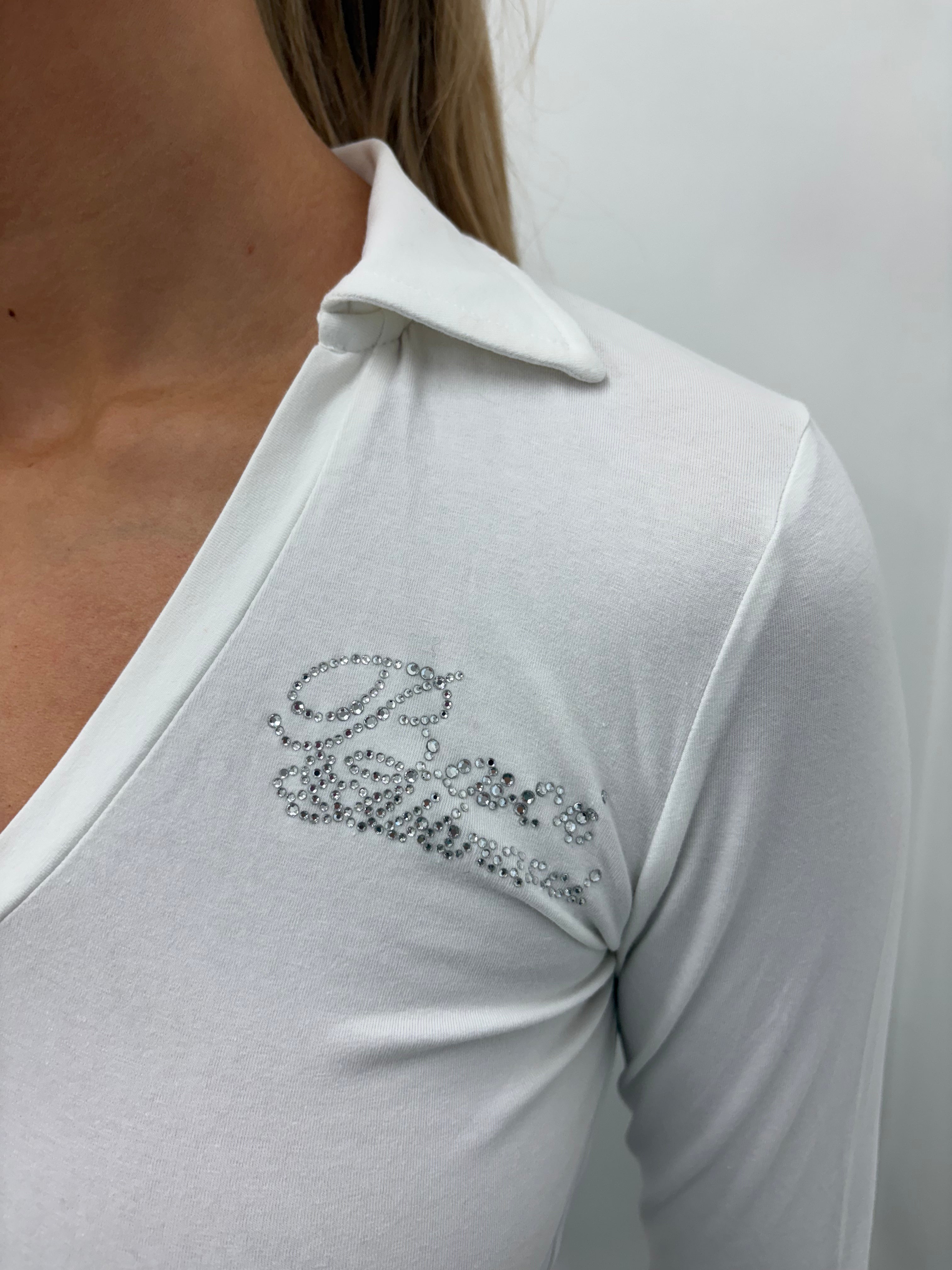 White Rhinestone Logo Y2K Collared Crop Top