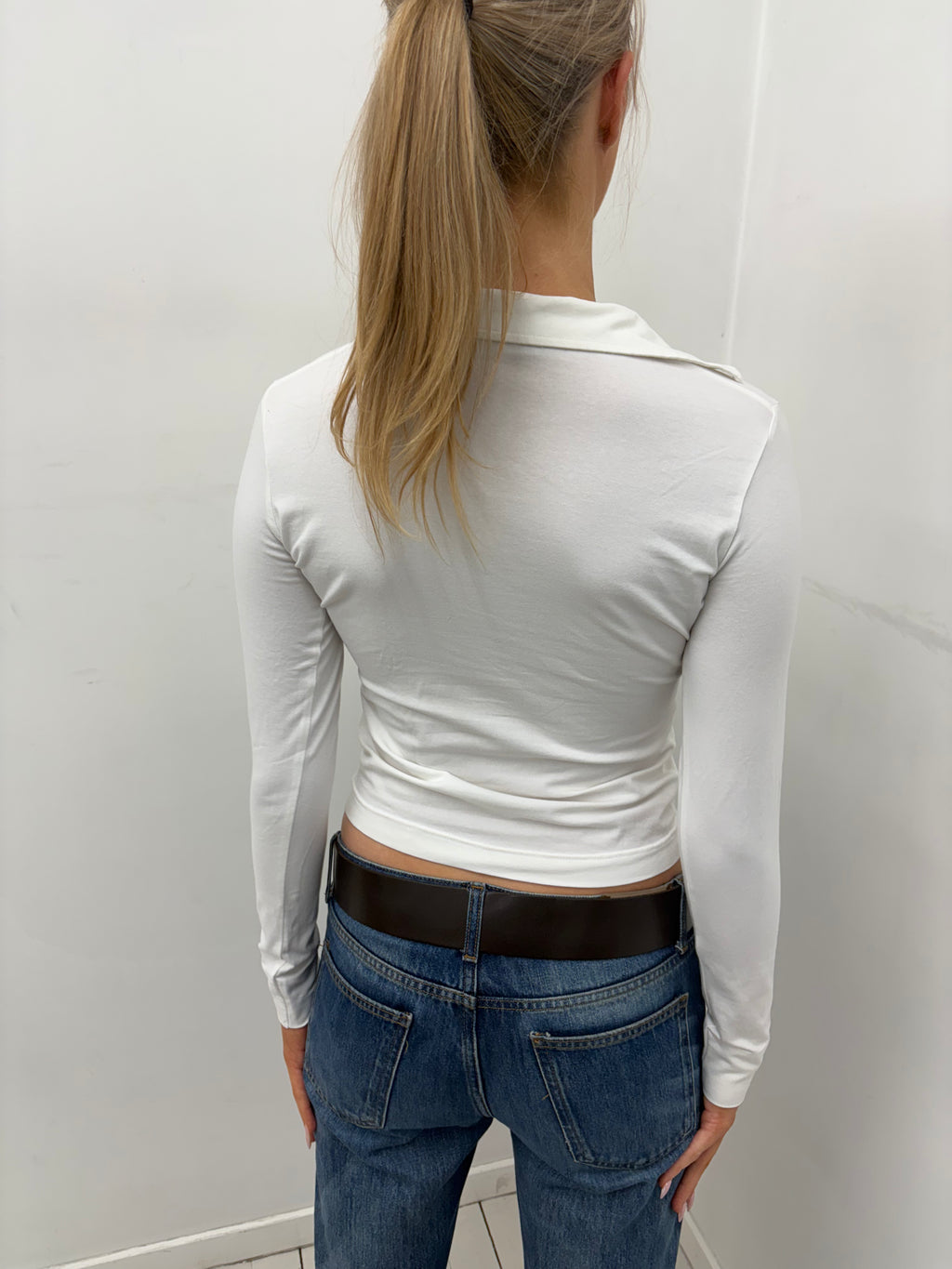 White Rhinestone Logo Y2K Collared Crop Top