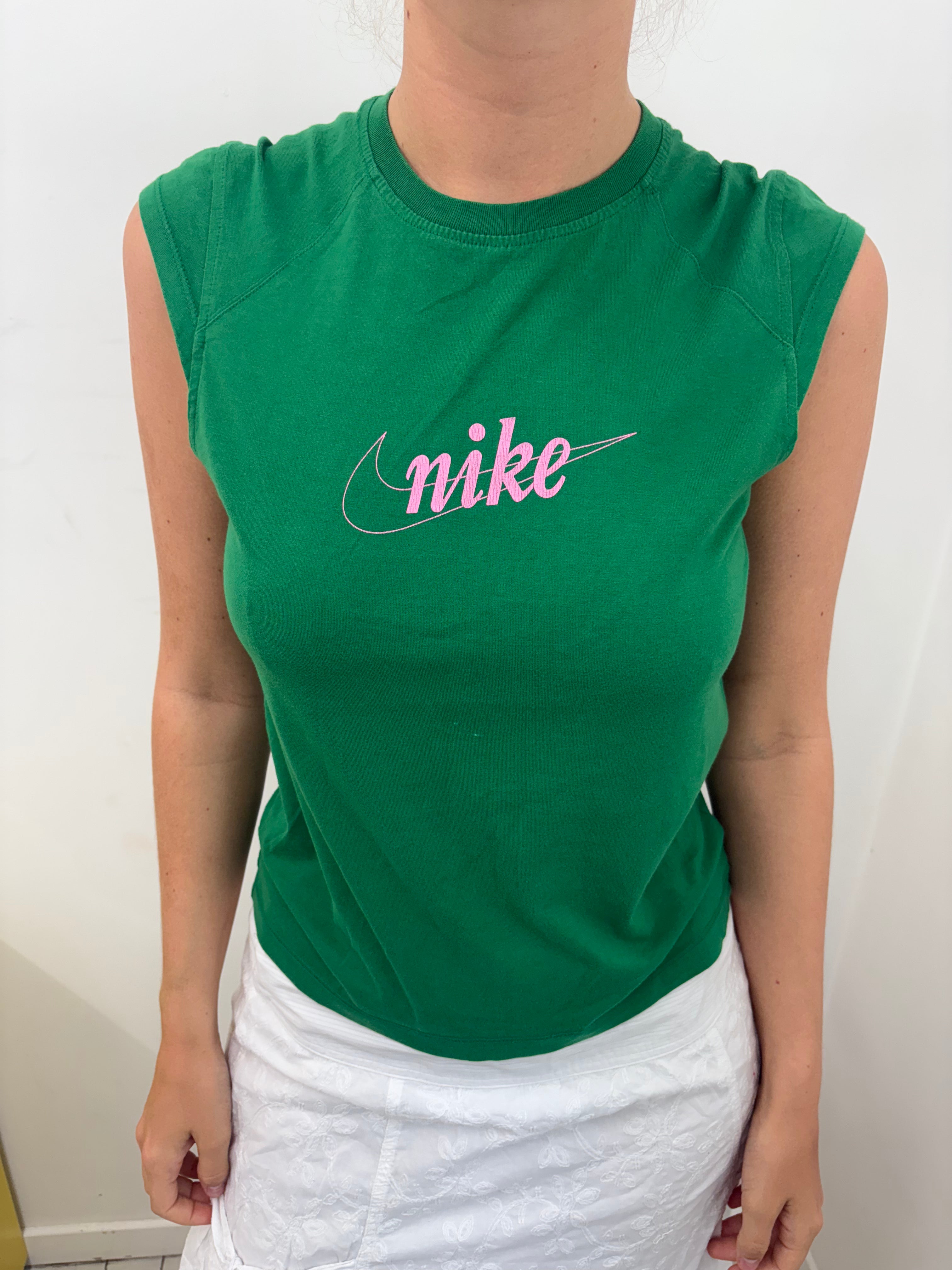 Vintage Nike Green Pink Swoosh Sleeveless Muscle Tee Y2K