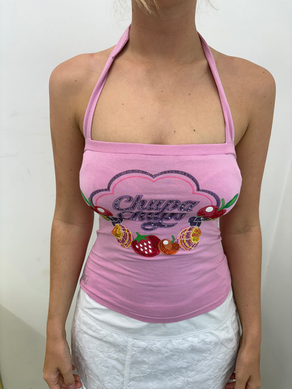 Chupa Chups Pink Rhinestone Halter Top Vintage Y2K