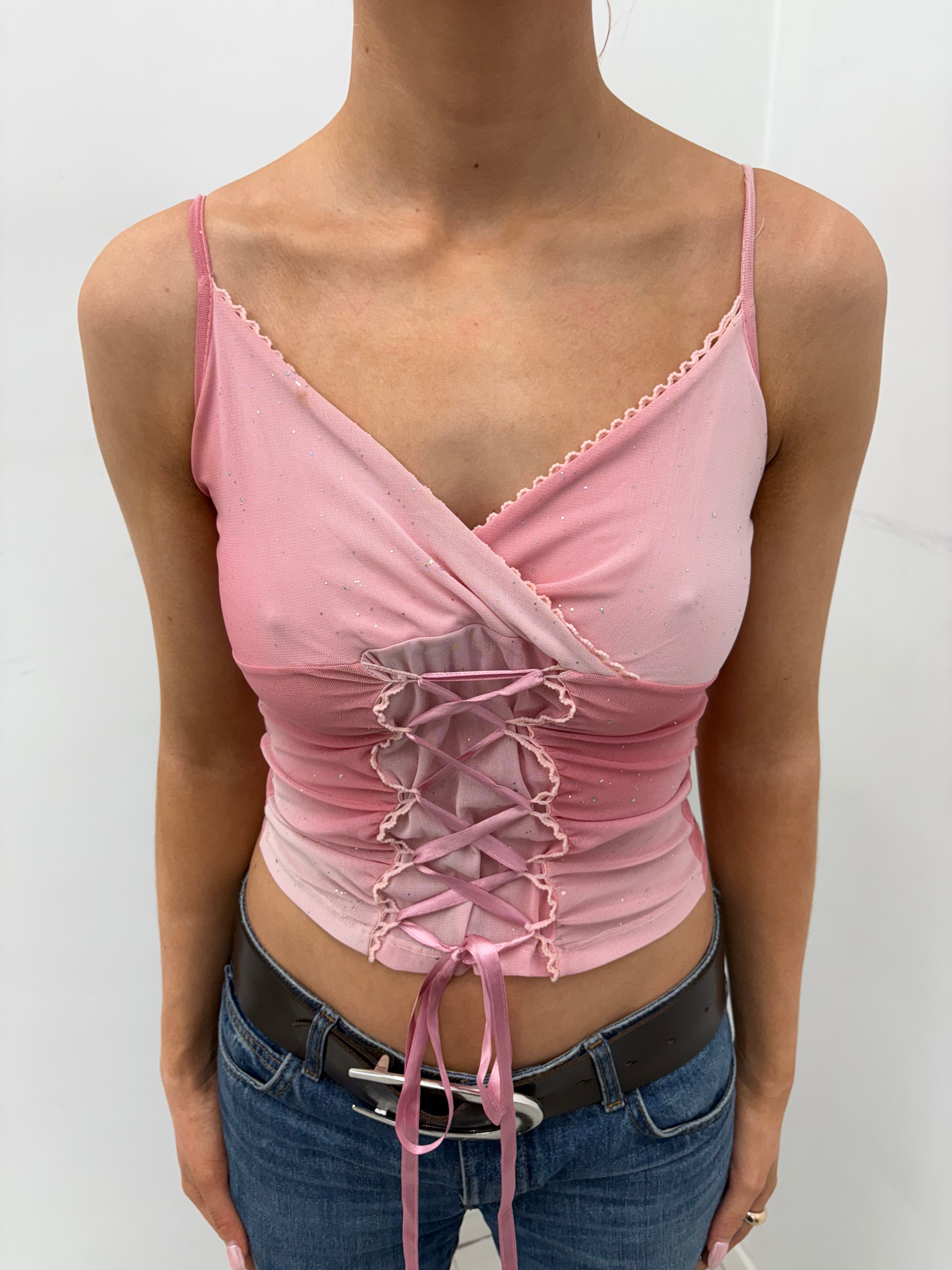Pink Sparkle Y2K Lace-Up Cami Top