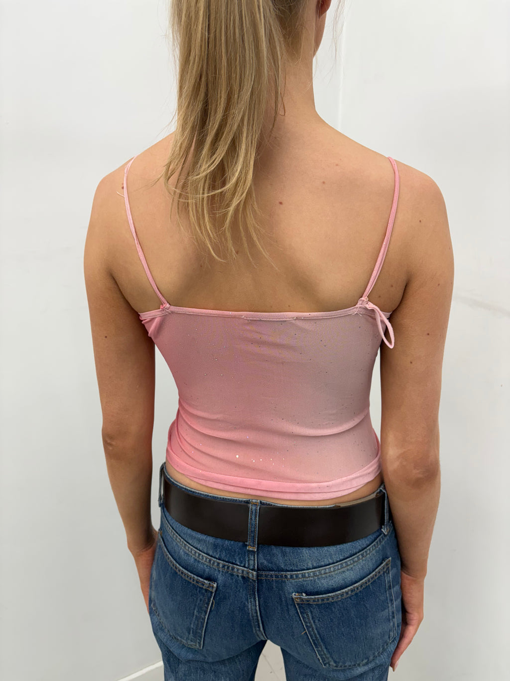 Pink Sparkle Y2K Lace-Up Cami Top
