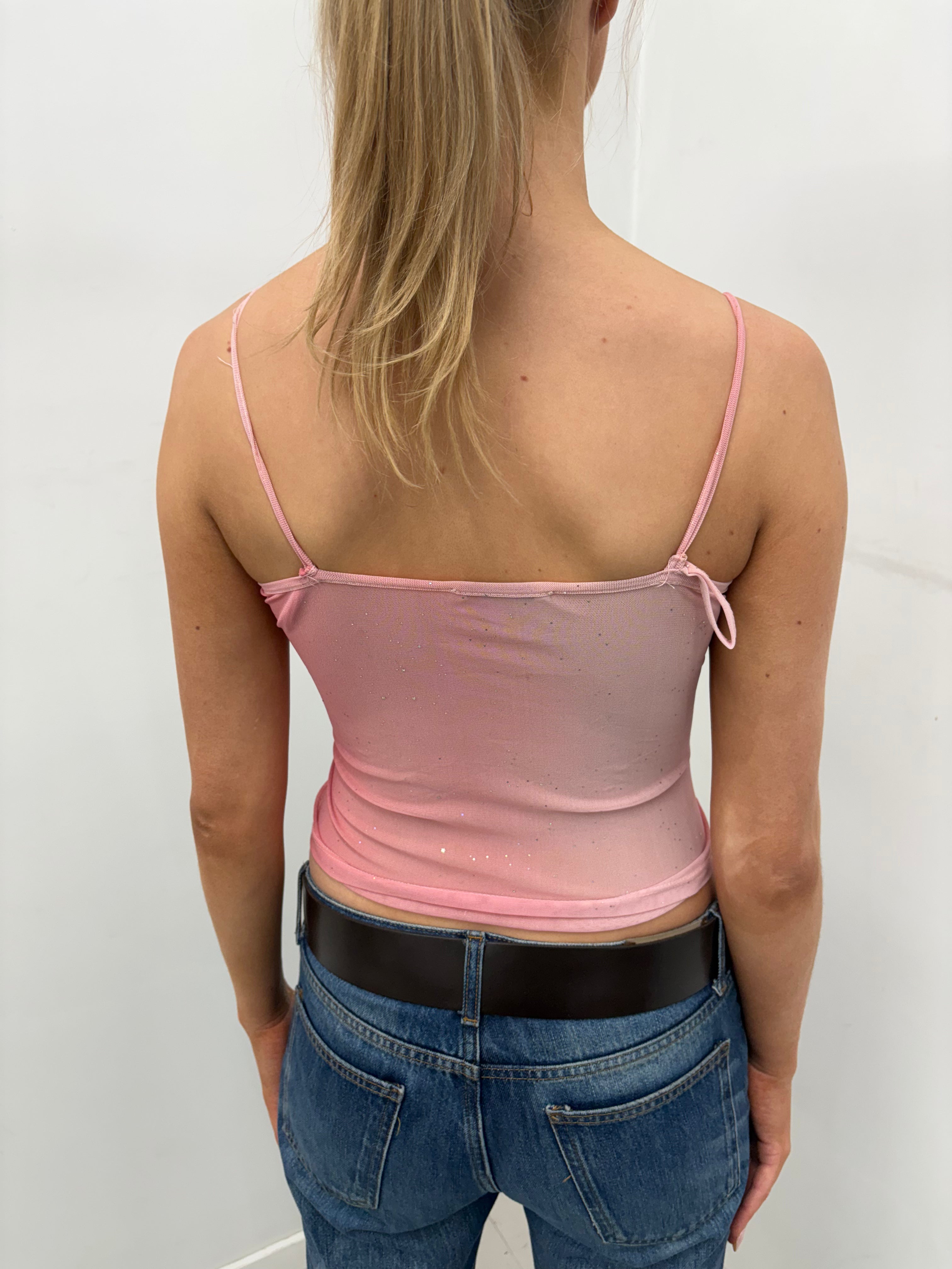 Pink Sparkle Y2K Lace-Up Cami Top