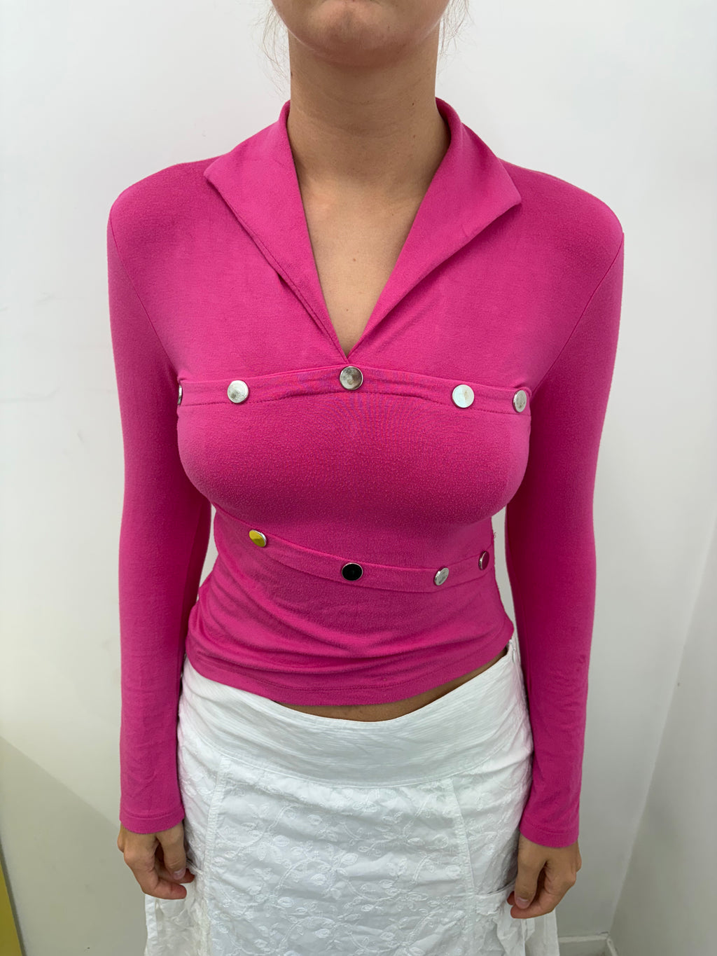 Hot Pink Long Sleeve Multi-Button Detail Crop Top Y2K