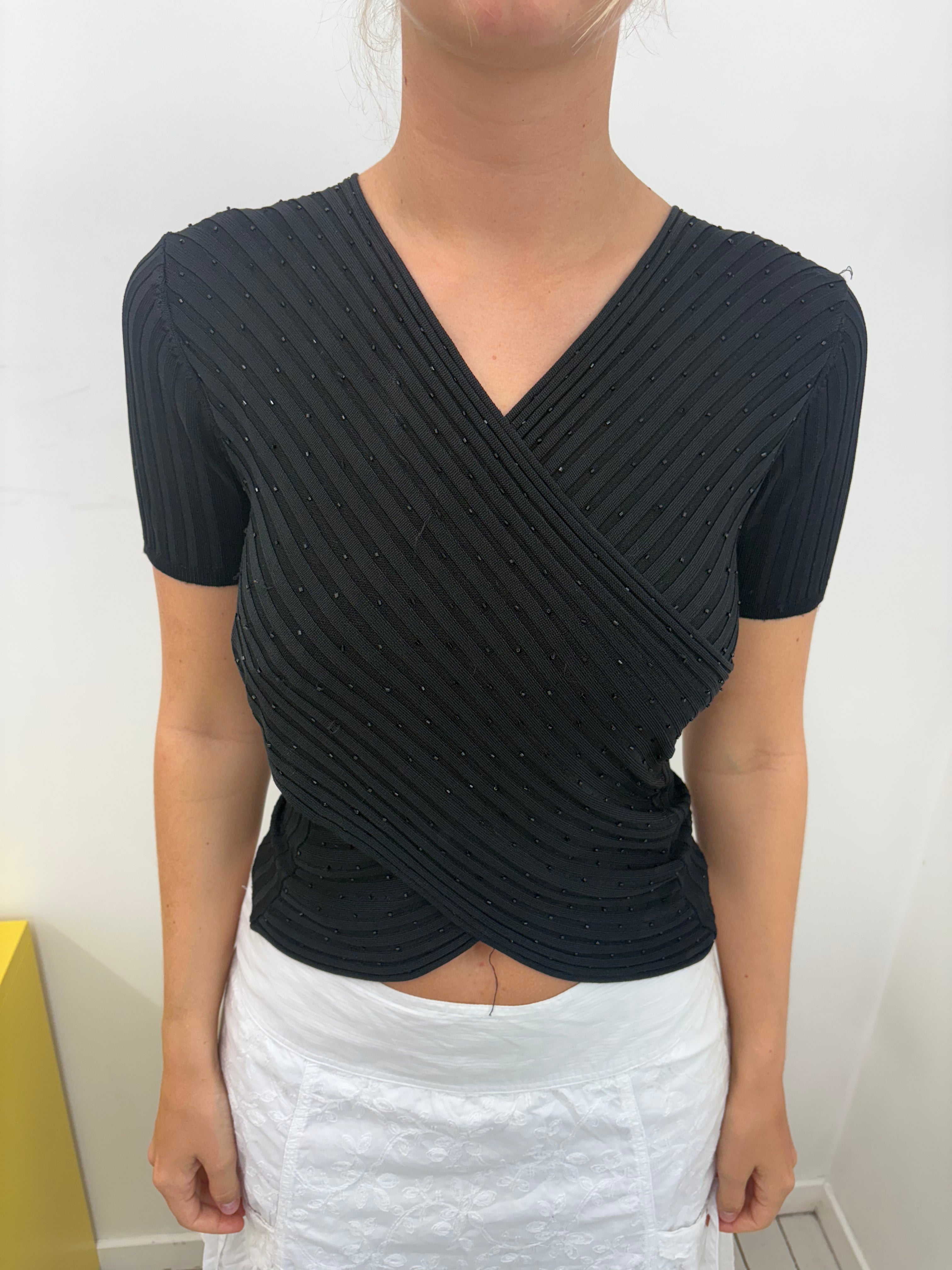 Black Ribbed Beaded Wrap Front Cropped Top Y2K