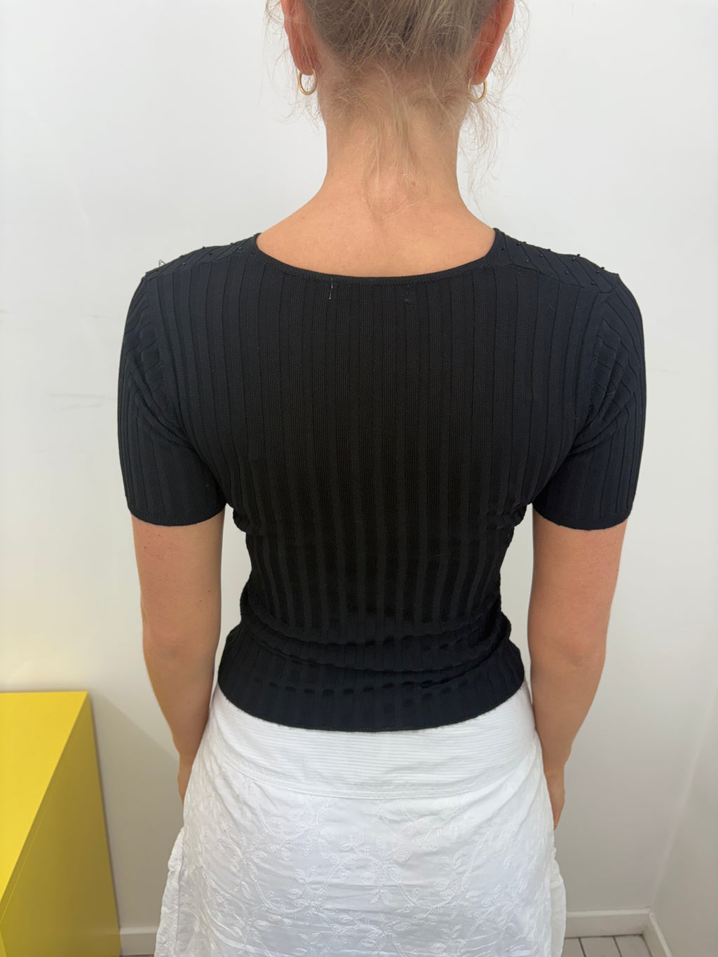 Black Ribbed Beaded Wrap Front Cropped Top Y2K