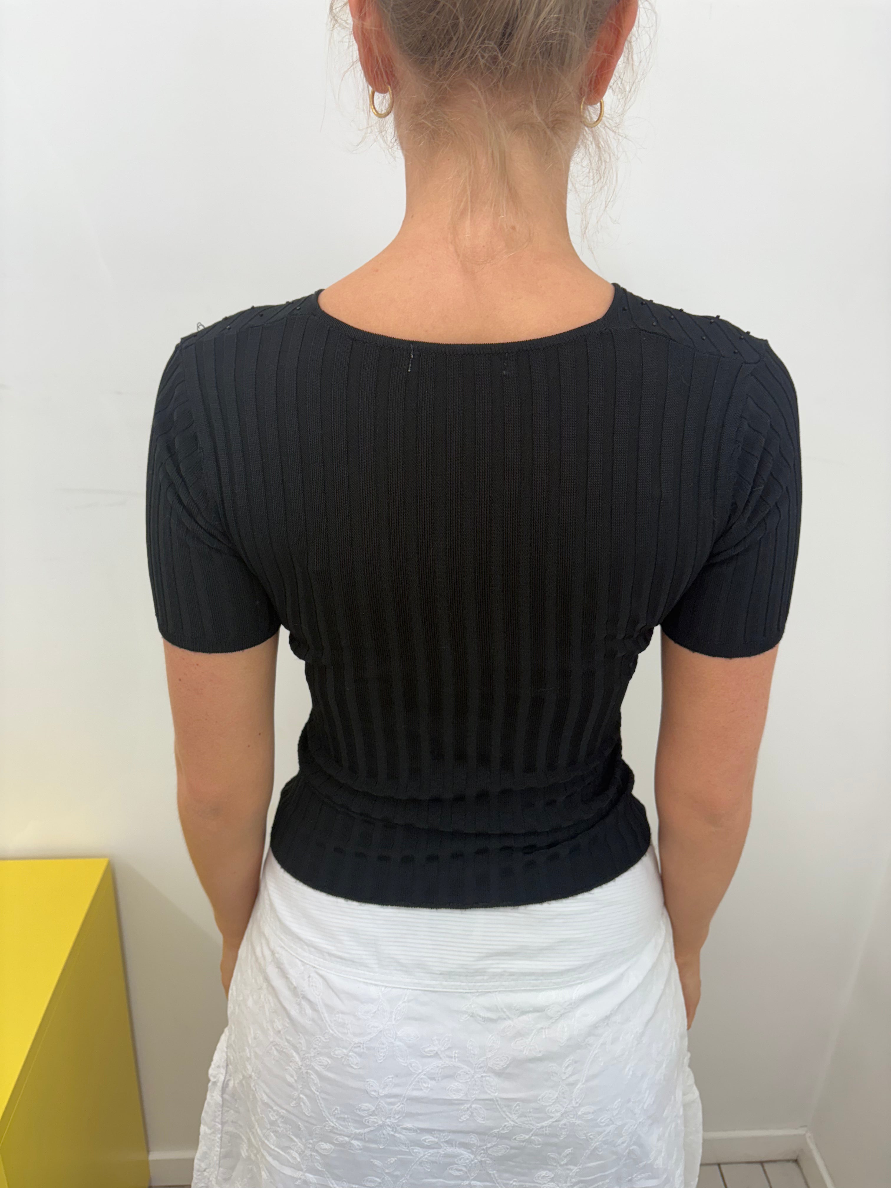Black Ribbed Beaded Wrap Front Cropped Top Y2K