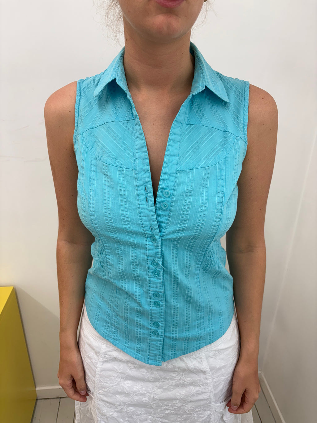 Turquoise Sleeveless Textured Stripe Fitted Shirt Y2K