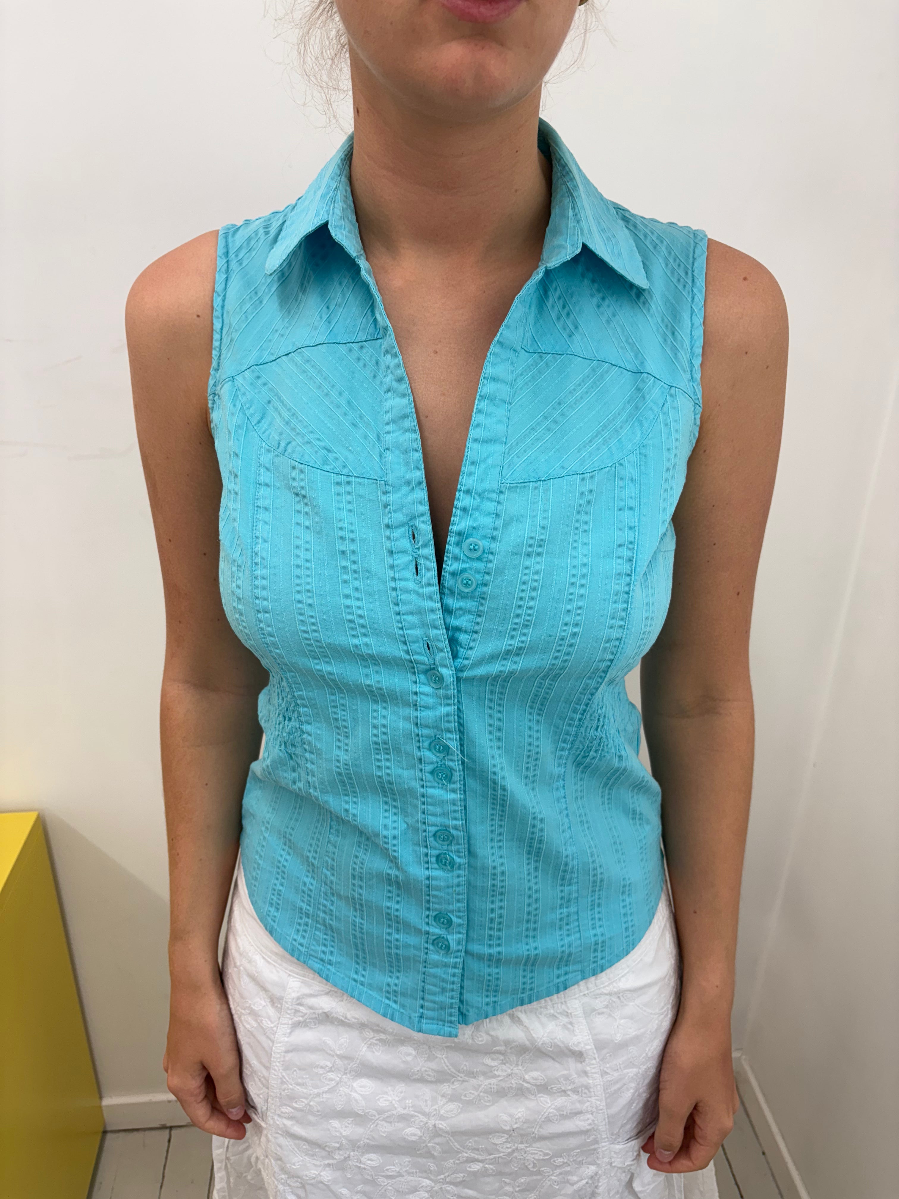 Turquoise Sleeveless Textured Stripe Fitted Shirt Y2K