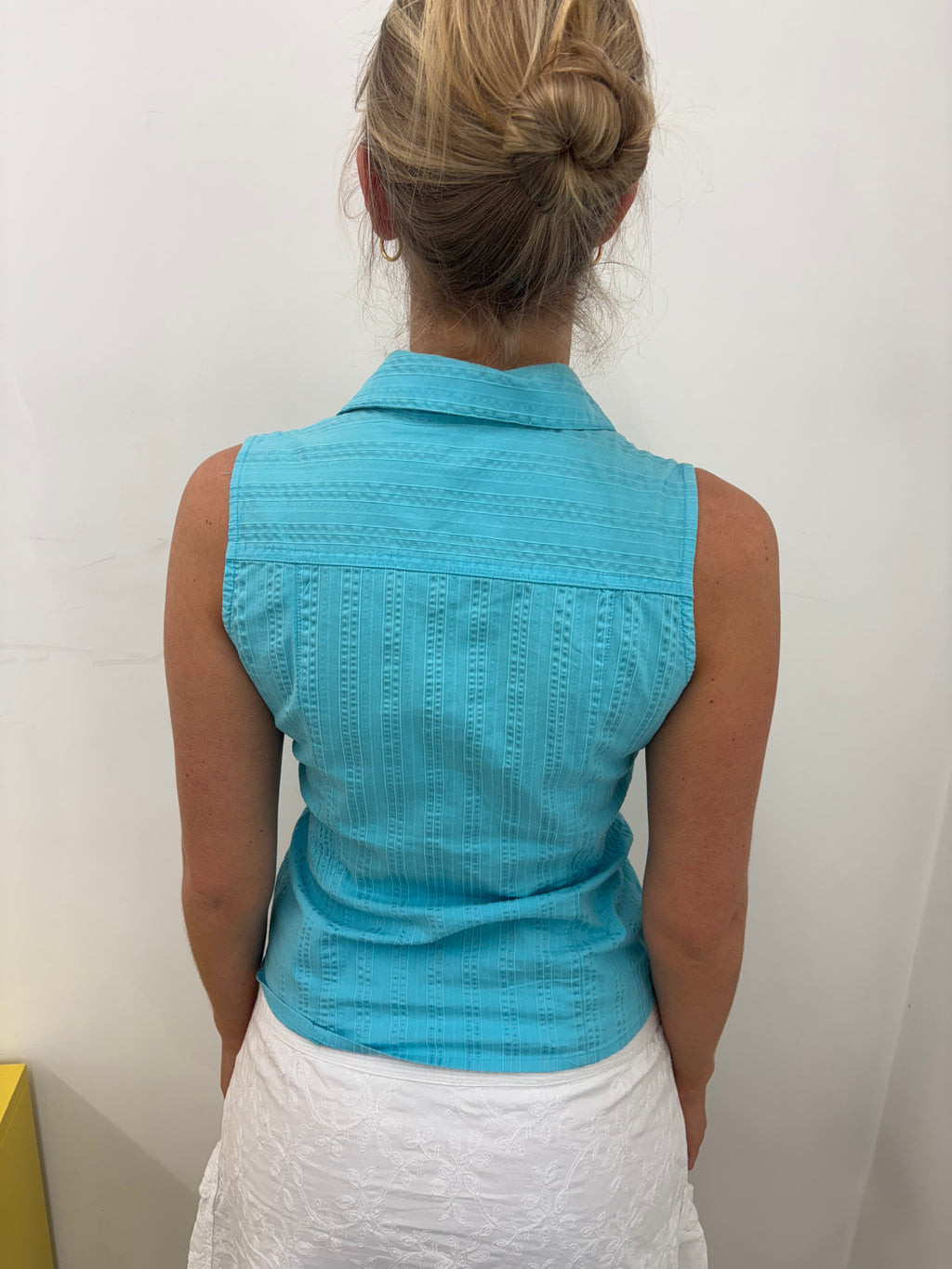 Turquoise Sleeveless Textured Stripe Fitted Shirt Y2K